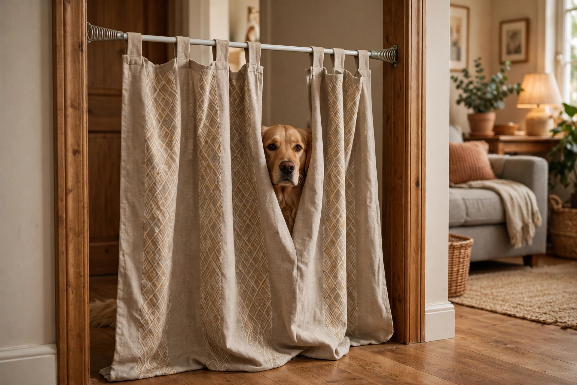 Tension rod with fabric panel used as a no-tools DIY indoor dog gate in a doorway