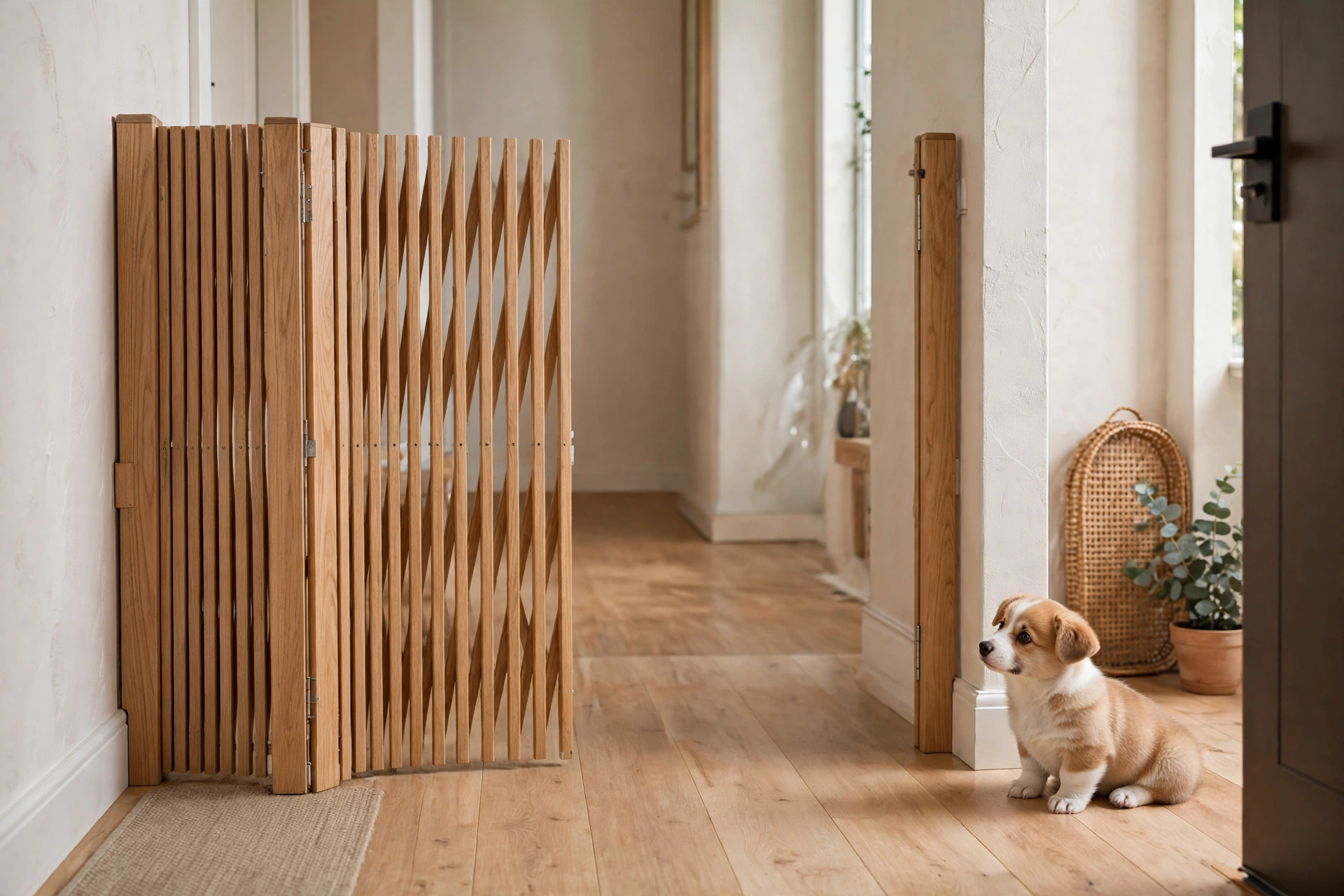 Accordion-fold wooden slat DIY dog gate standing in a hallway