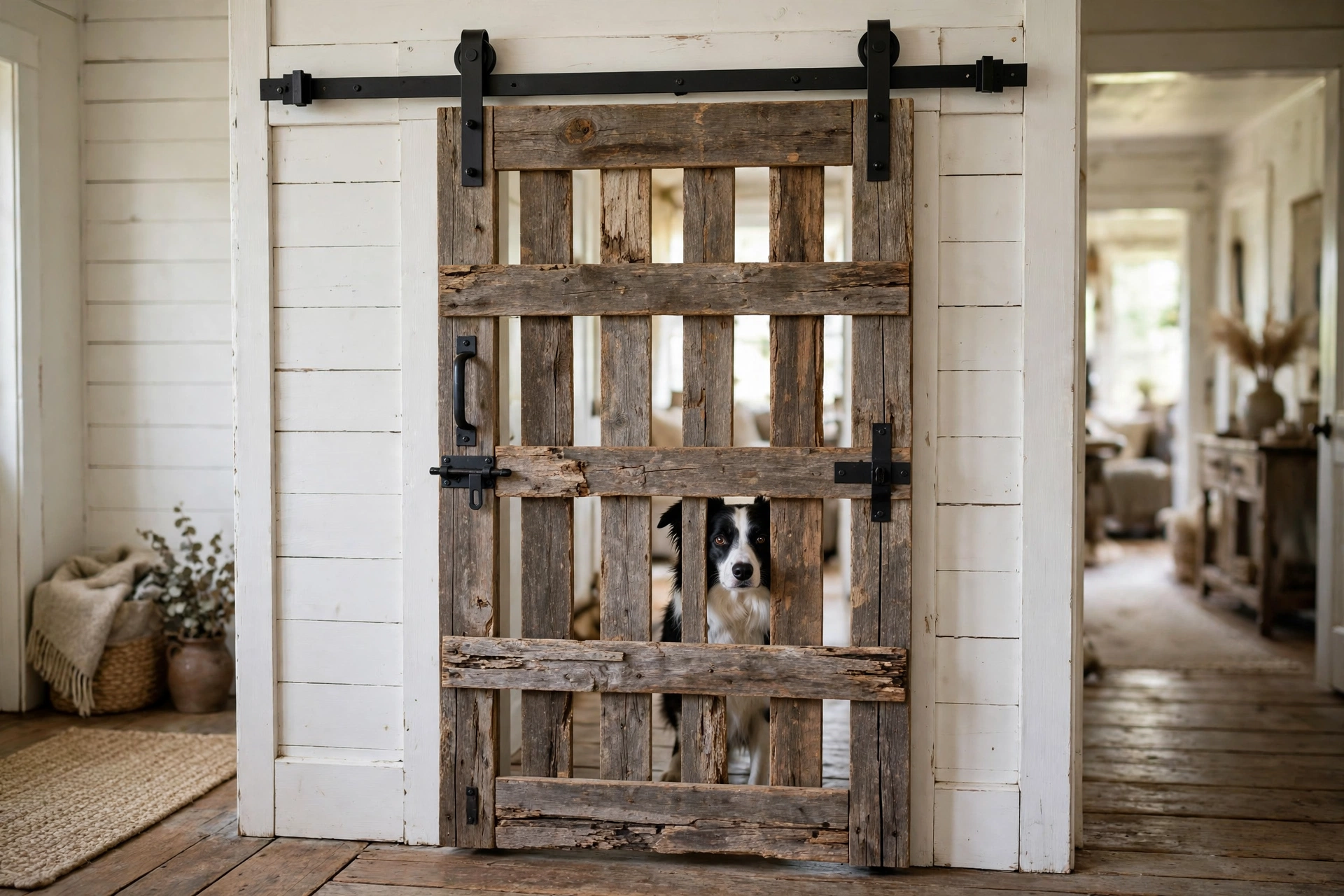 Rustic sliding barn-style DIY dog gate on a black track in a farmhouse hallway