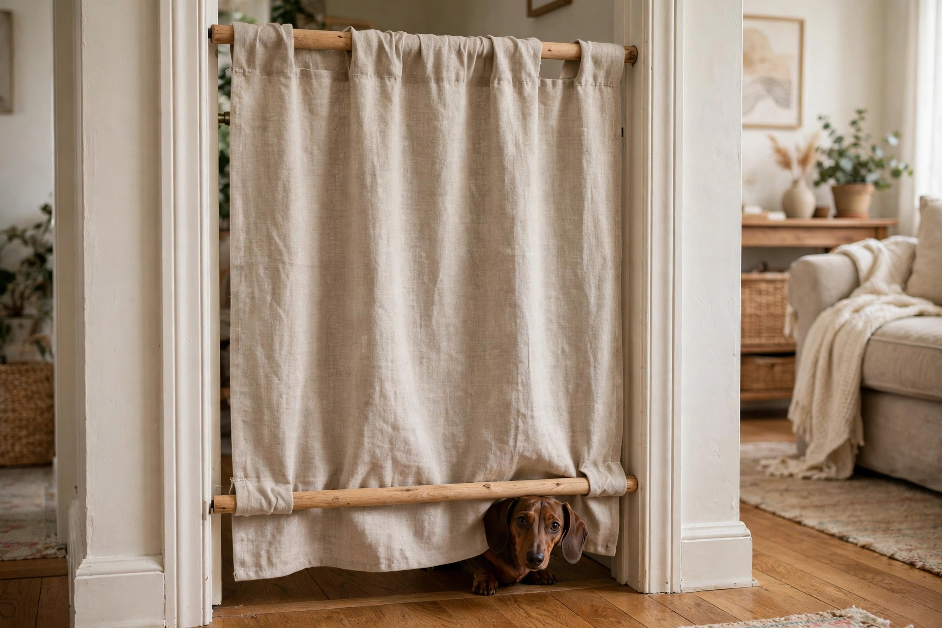 No-sew fabric panel DIY dog gate with wooden dowels hanging in a doorway
