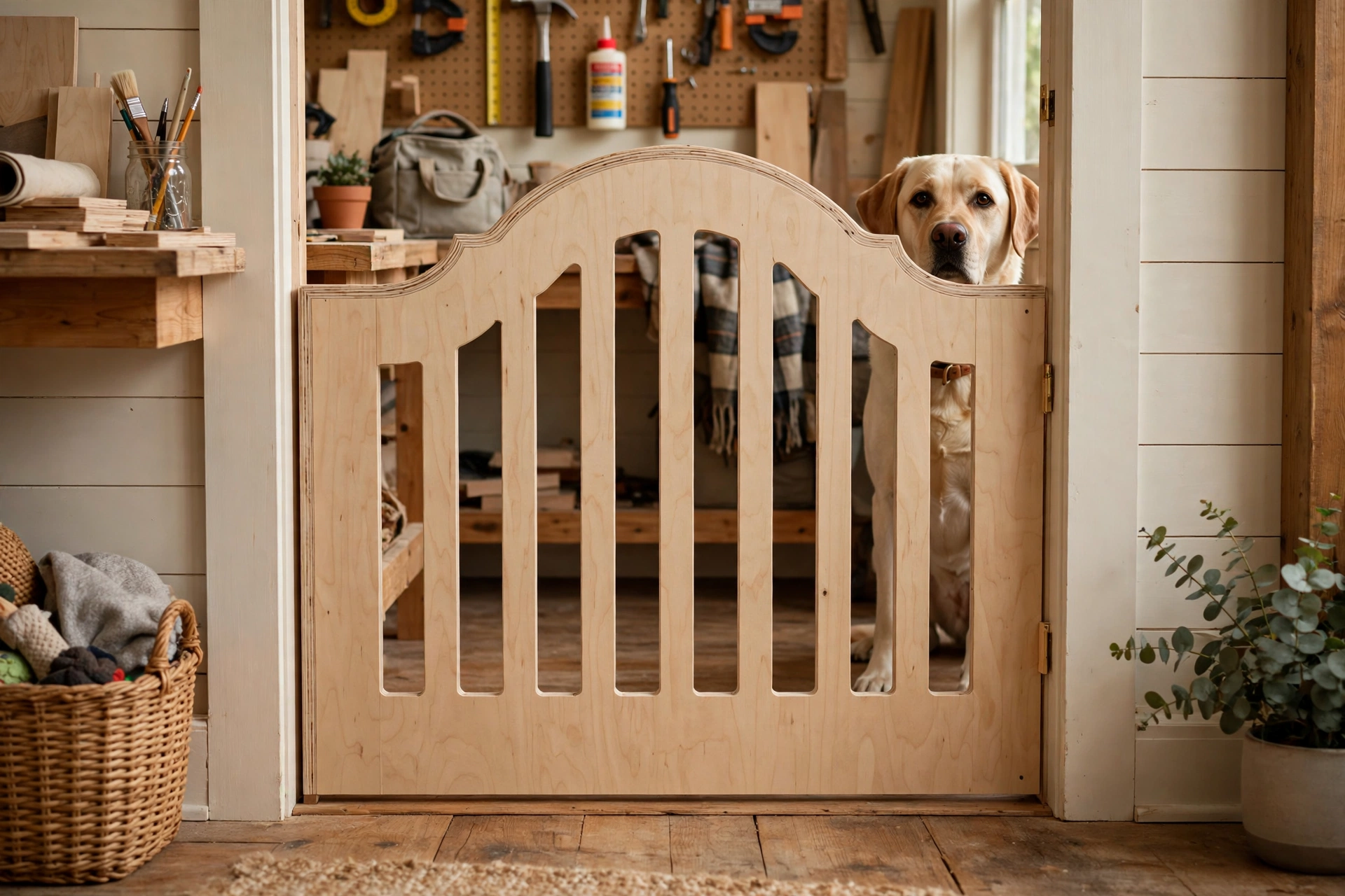 Custom-cut plywood DIY dog gate with arched top fitted into a doorway