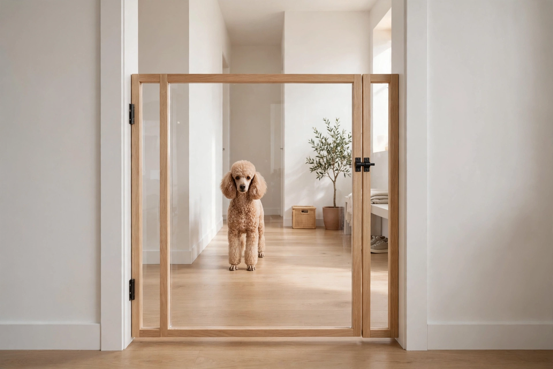 Clear acrylic panel DIY dog gate in a slim wooden frame in a modern hallway