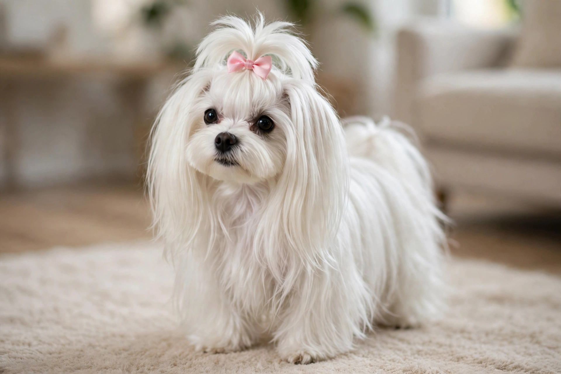 Maltese with a topknot dog haircut and small bow