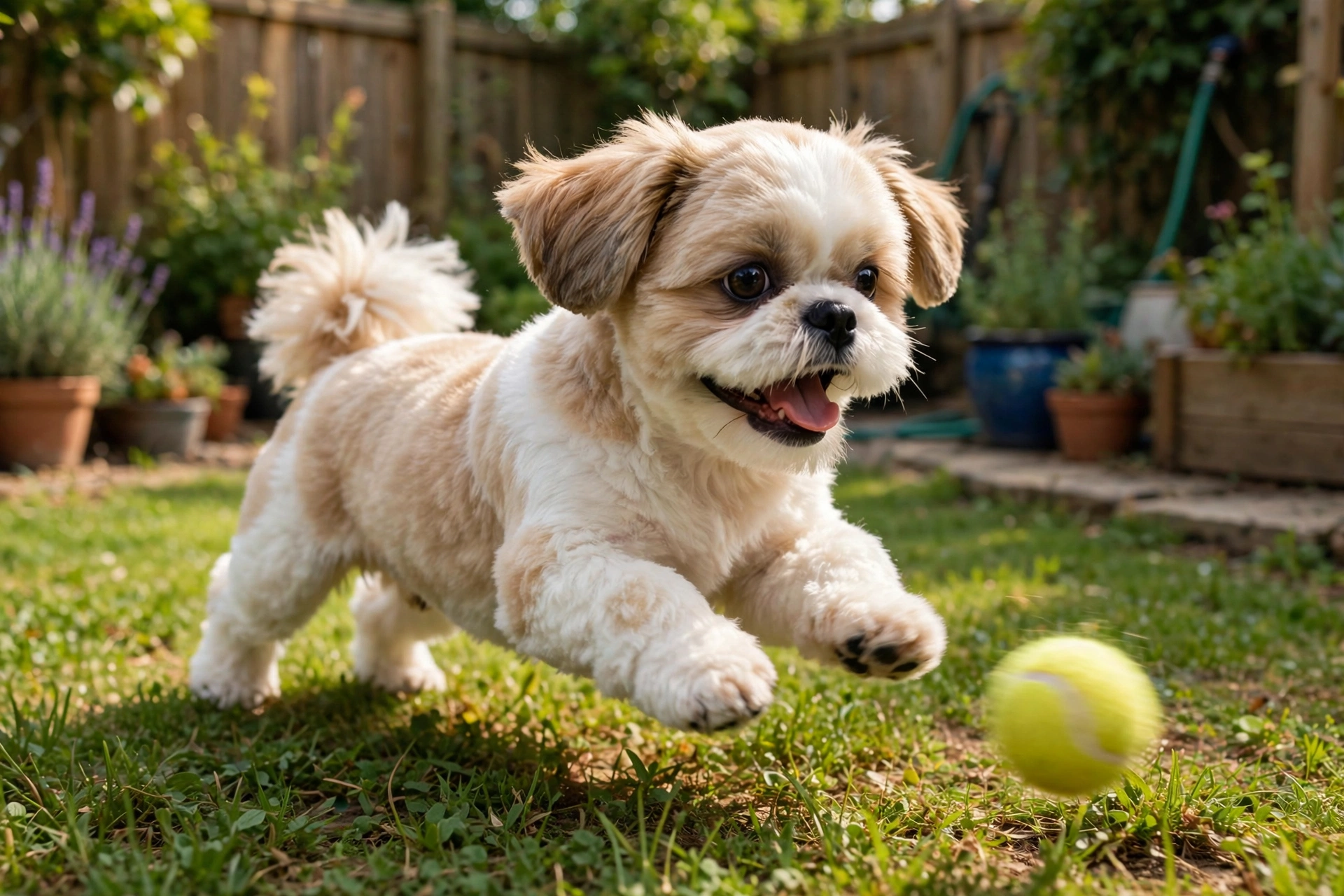 Shih Tzu with a short puppy cut dog haircut in the backyard