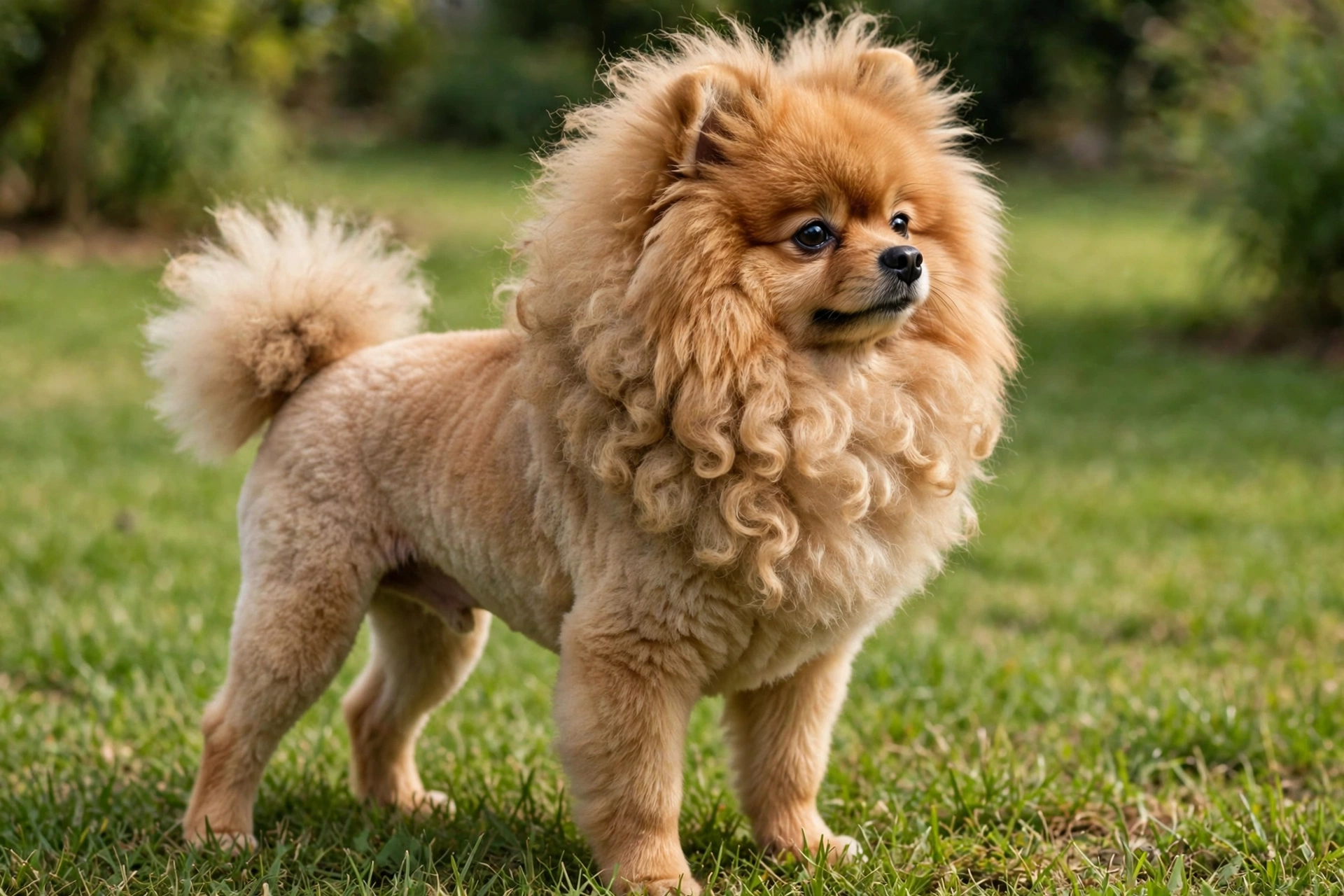 Pomeranian with a lion cut dog haircut and full mane