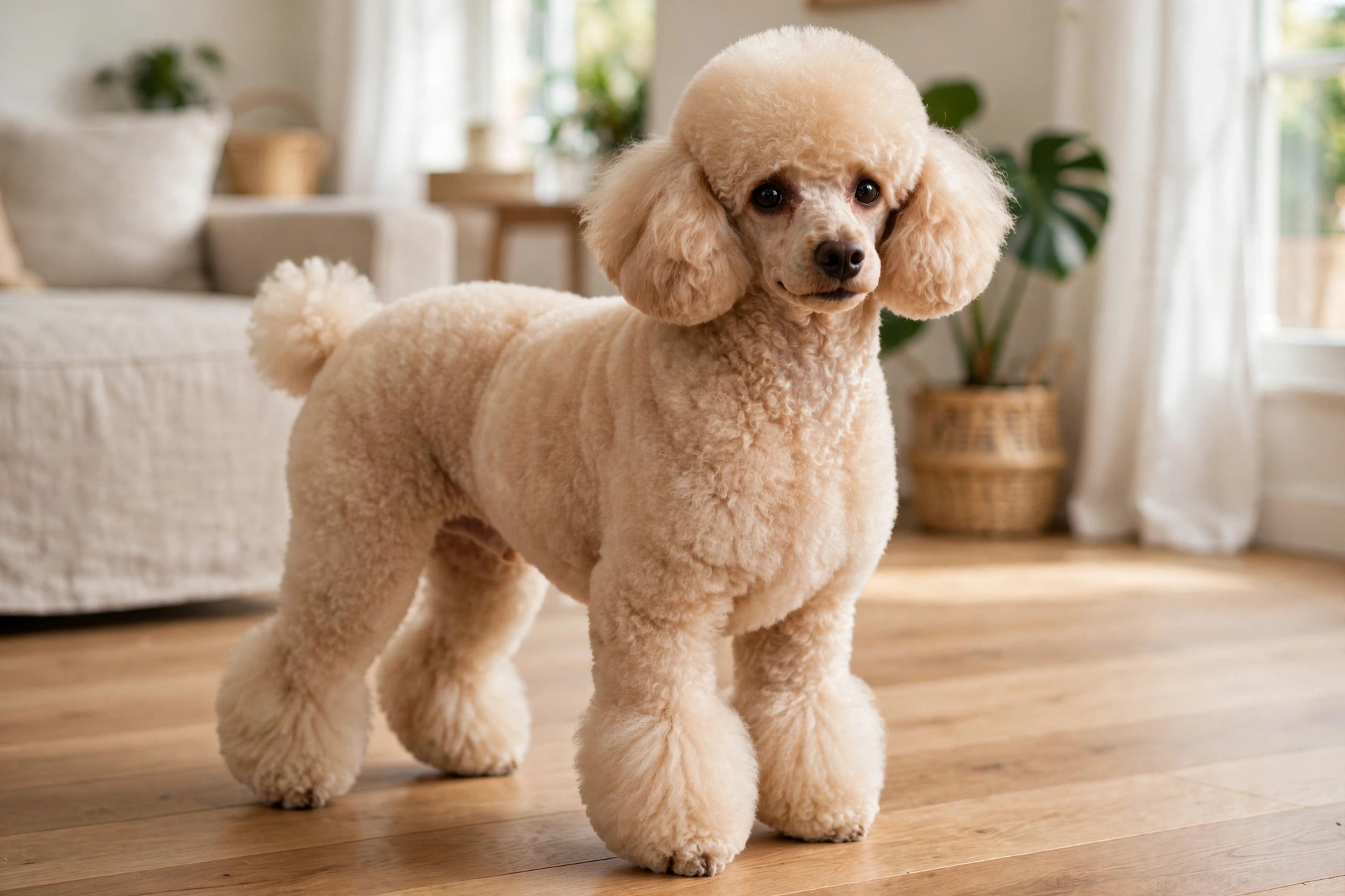 Poodle with a lamb cut dog haircut and fluffy rounded feet