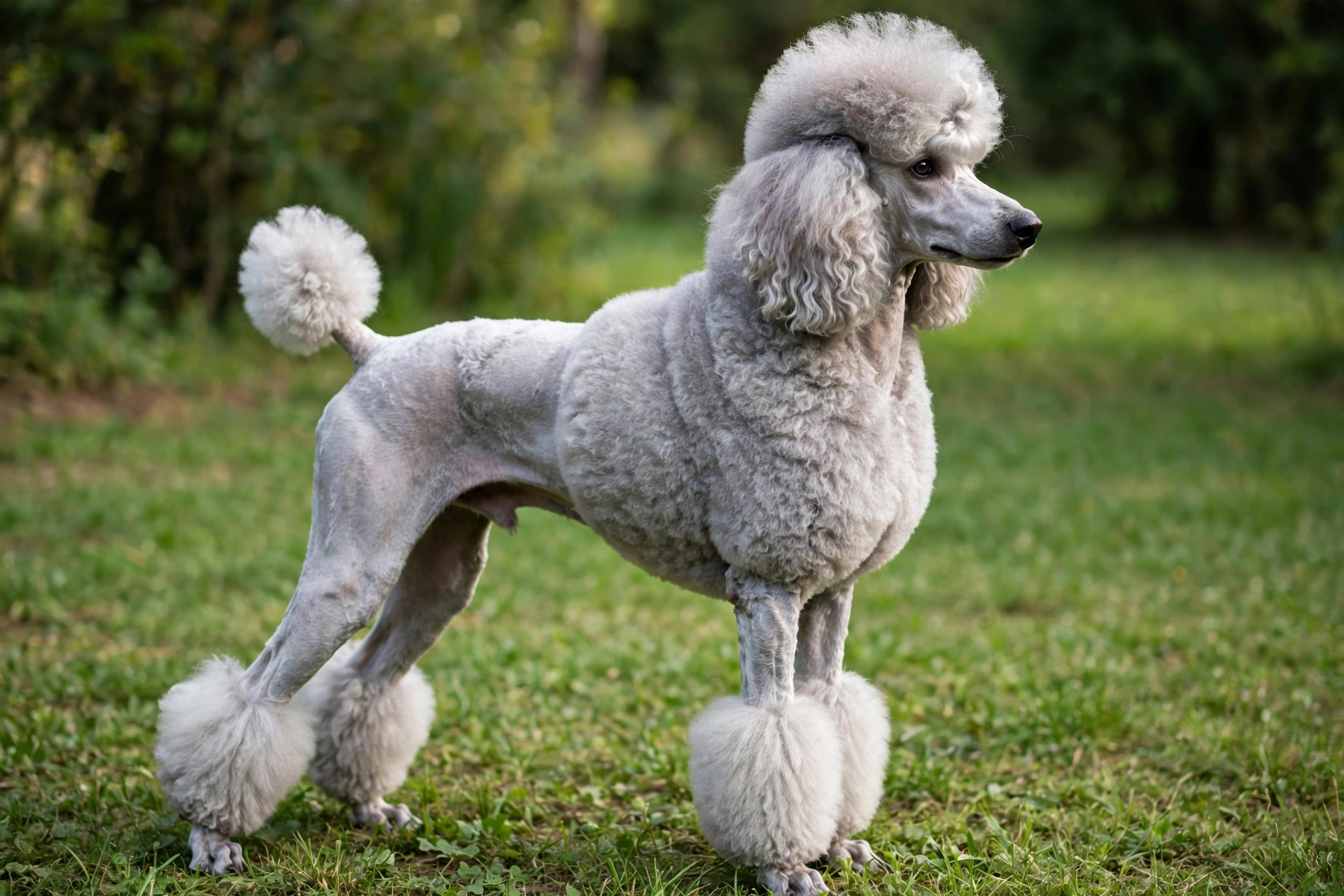 Standard poodle with a continental dog haircut show cut