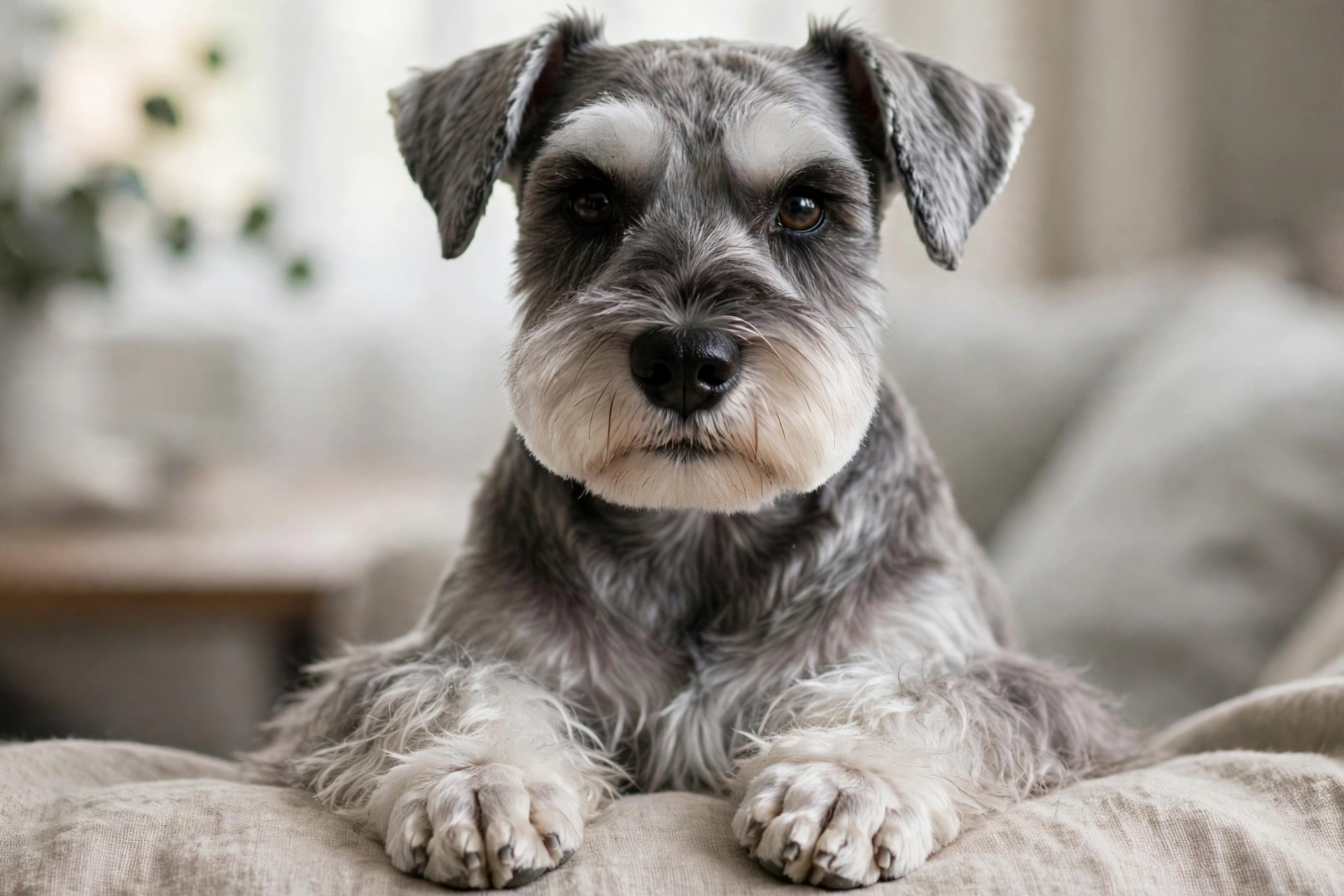 Schnauzer with a neat face and feet dog haircut trim