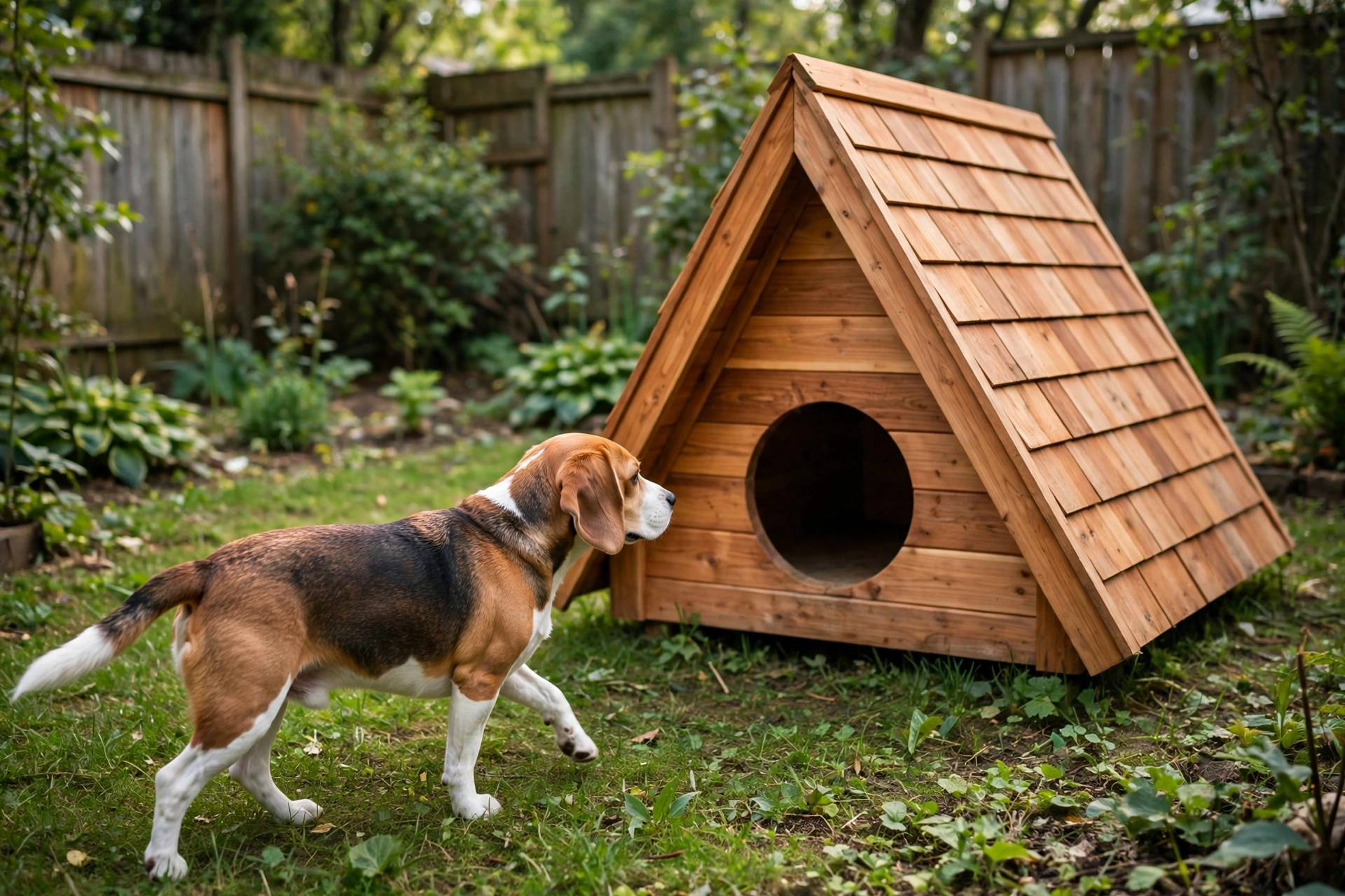 A-frame wooden dog house DIY plan with pitched roof and round entrance