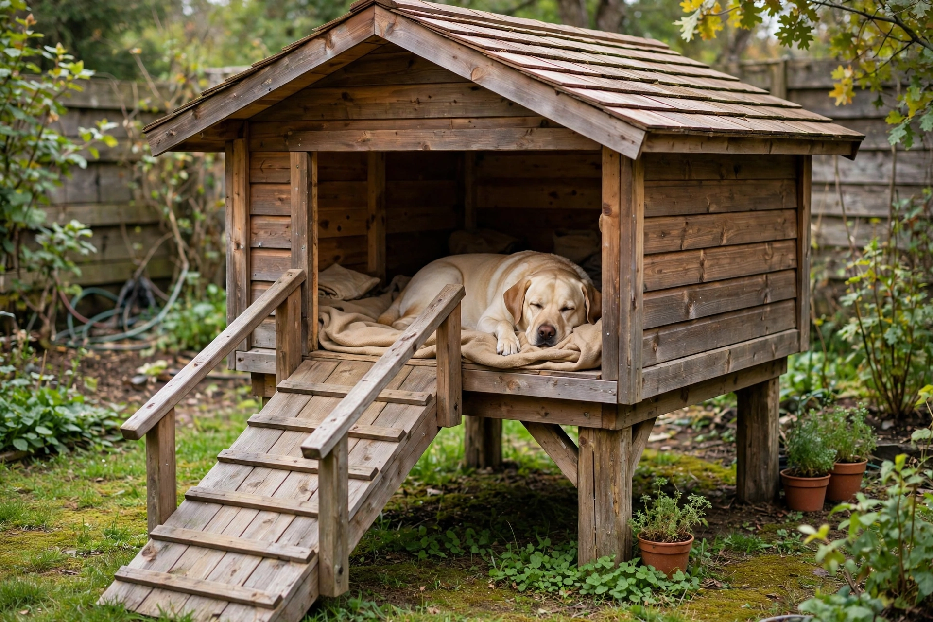 Raised wooden dog house cabin on stilts with ramp DIY plan