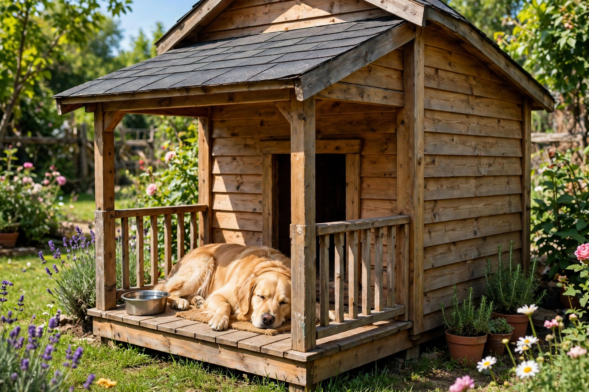 Dog house DIY plan with covered front porch and railing