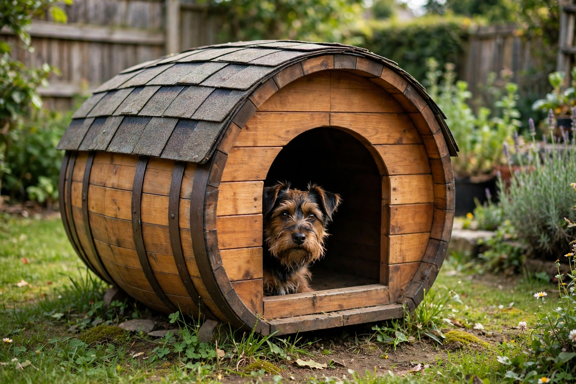 Rounded barrel-style wooden dog house den DIY plan