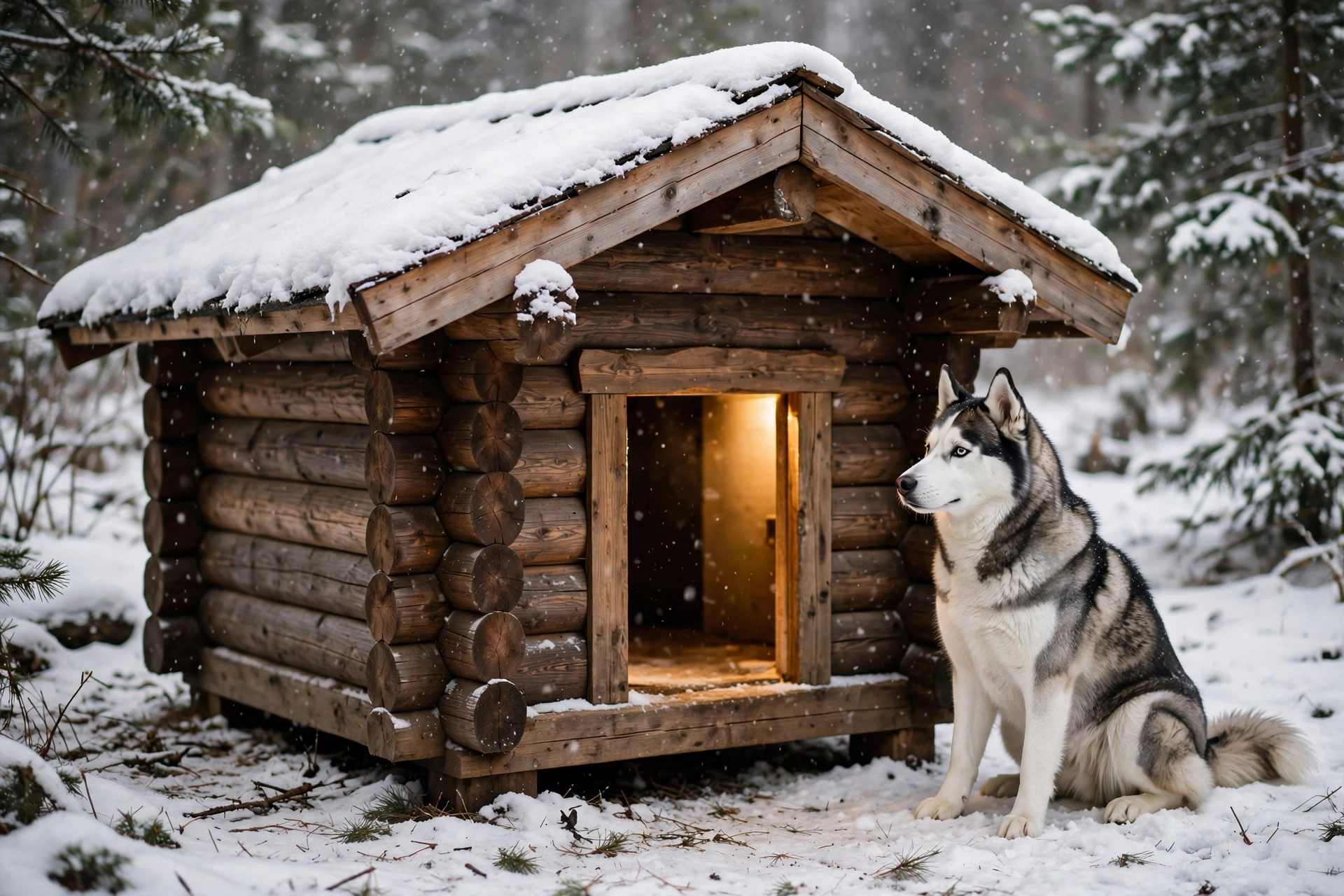 Insulated winter dog house chalet DIY plan with snow