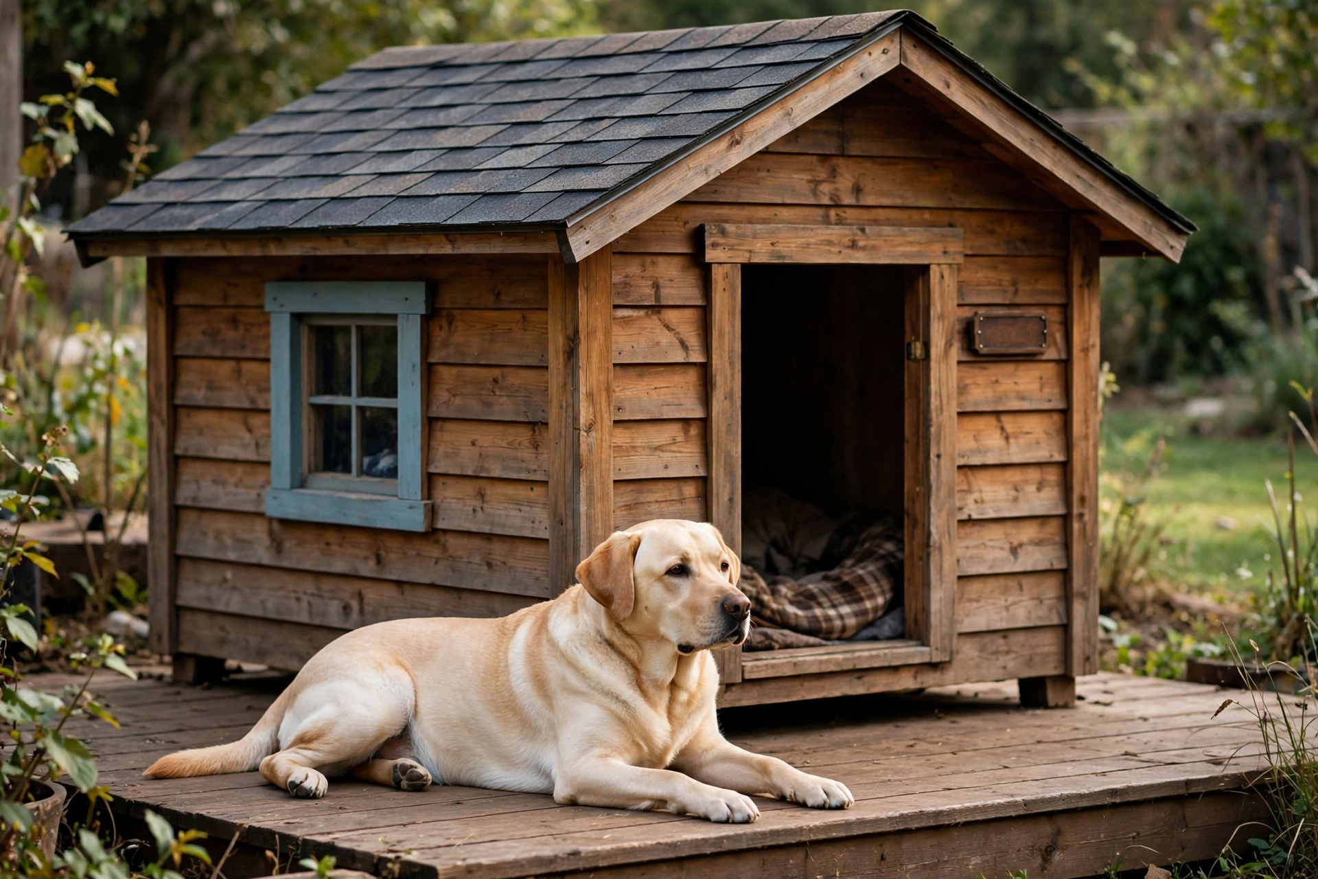 Ranch-style dog house DIY plan with shingle roof