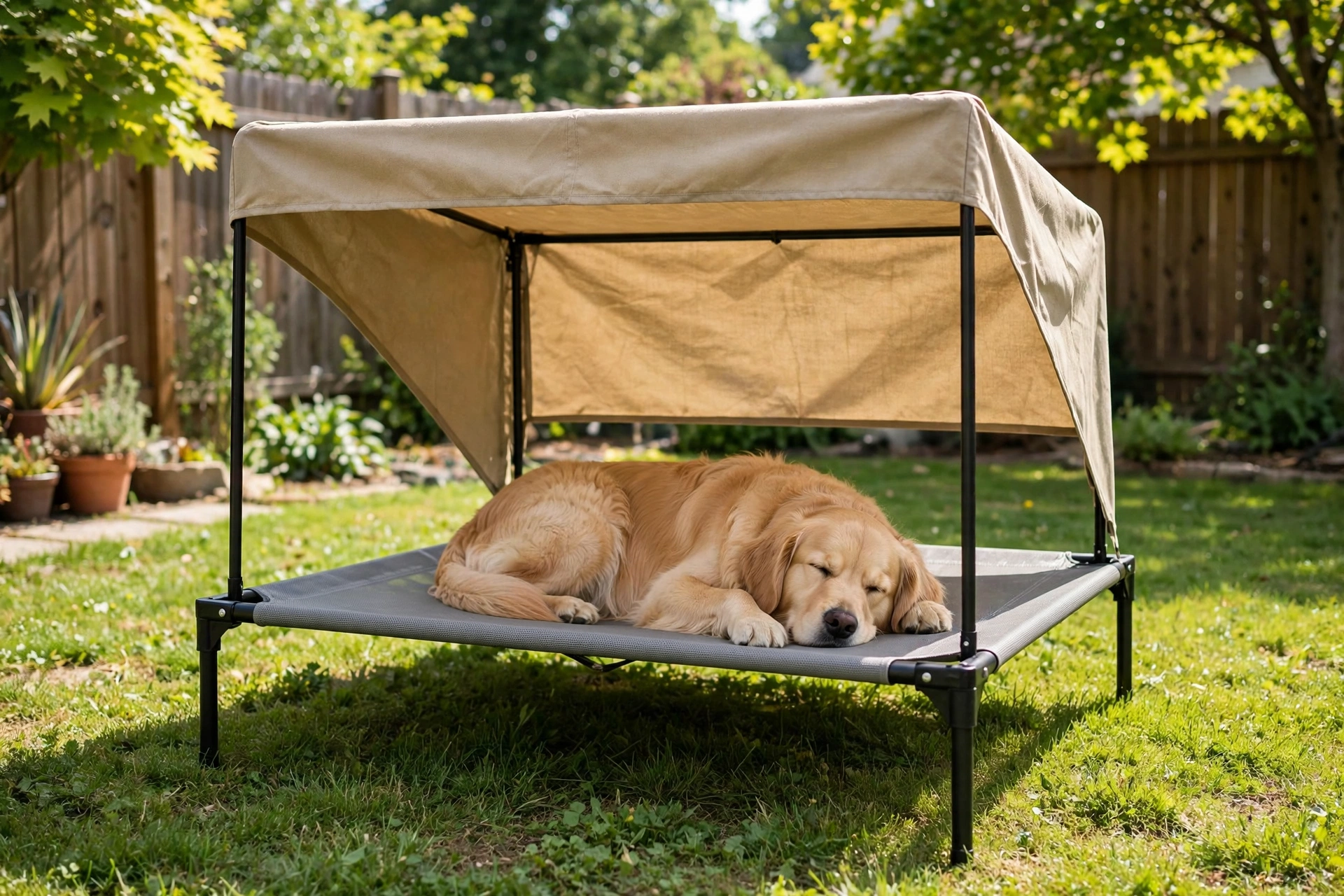 Elevated mesh dog cot with a shade canopy in a sunny backyard