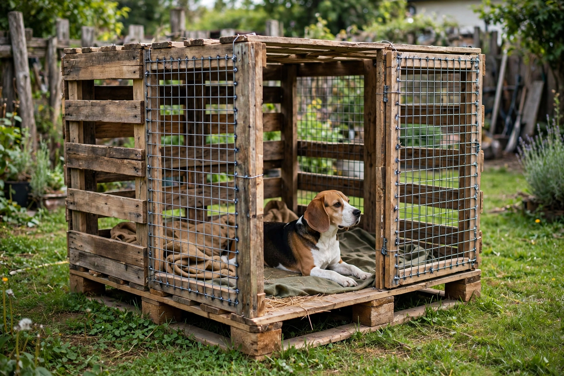 Budget outdoor dog kennel built from wooden pallets and wire mesh panels