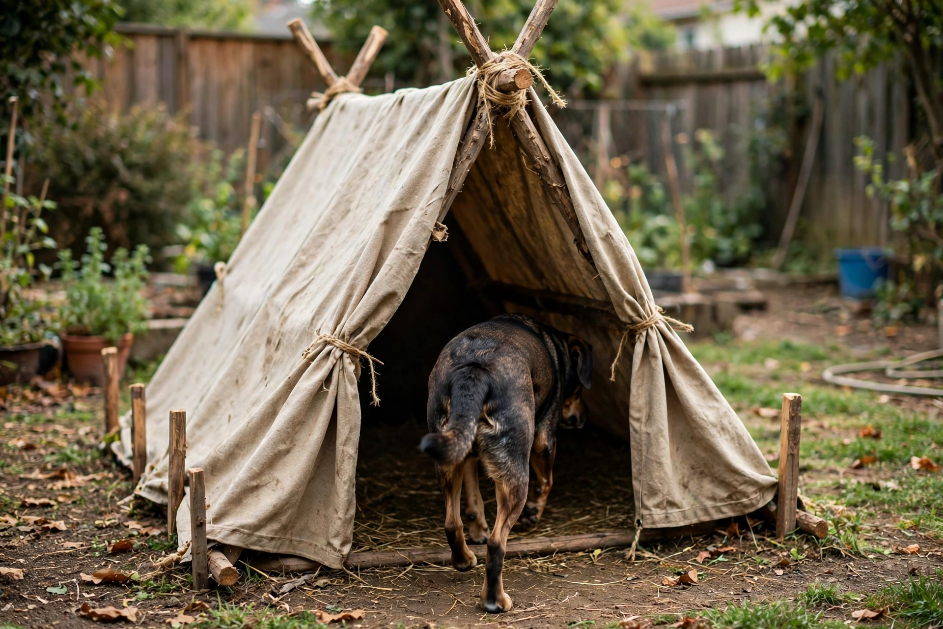 Budget A-frame dog shelter made from wooden stakes and canvas tarp