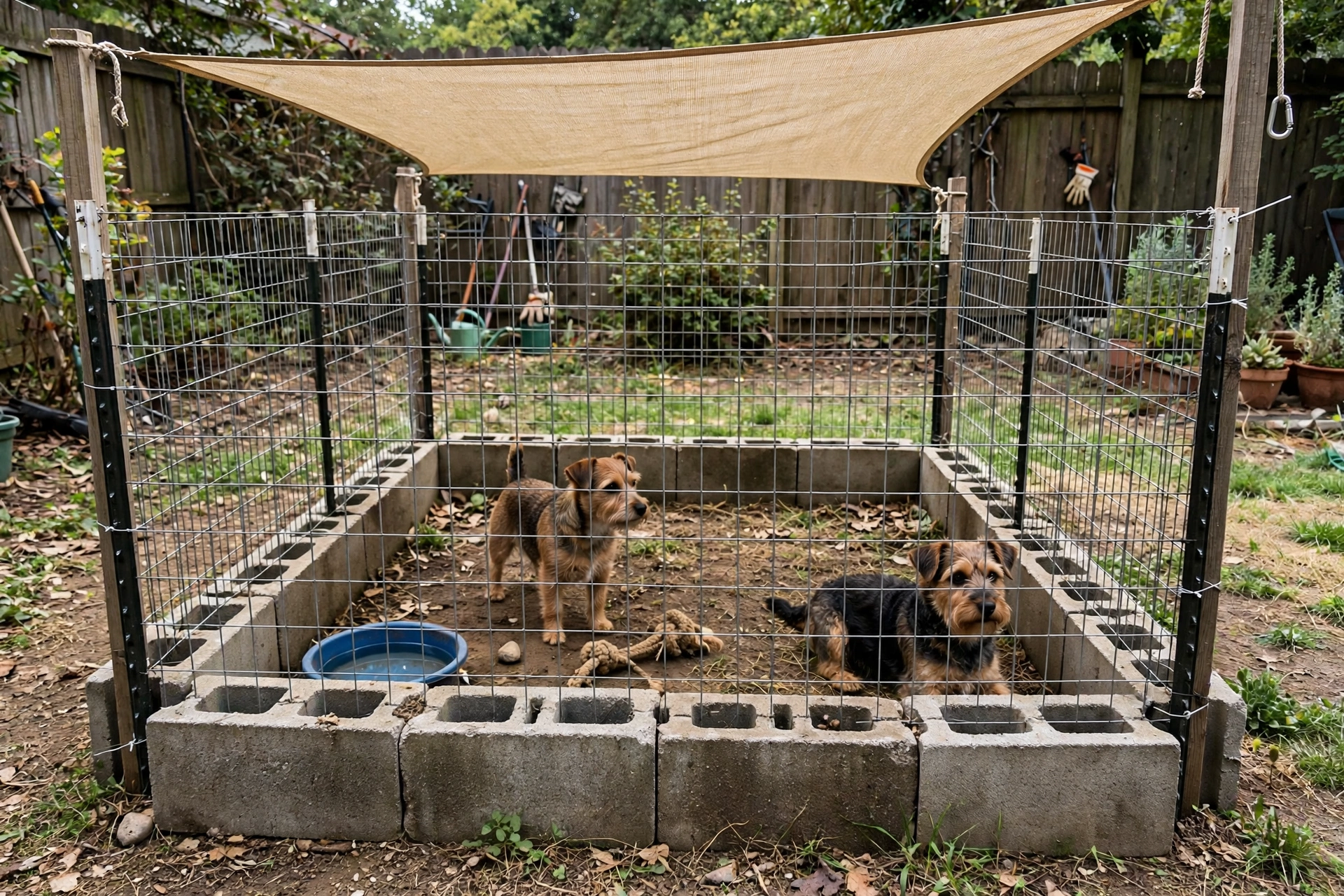 Low-cost outdoor dog run with a cinder block base and triangle shade sail