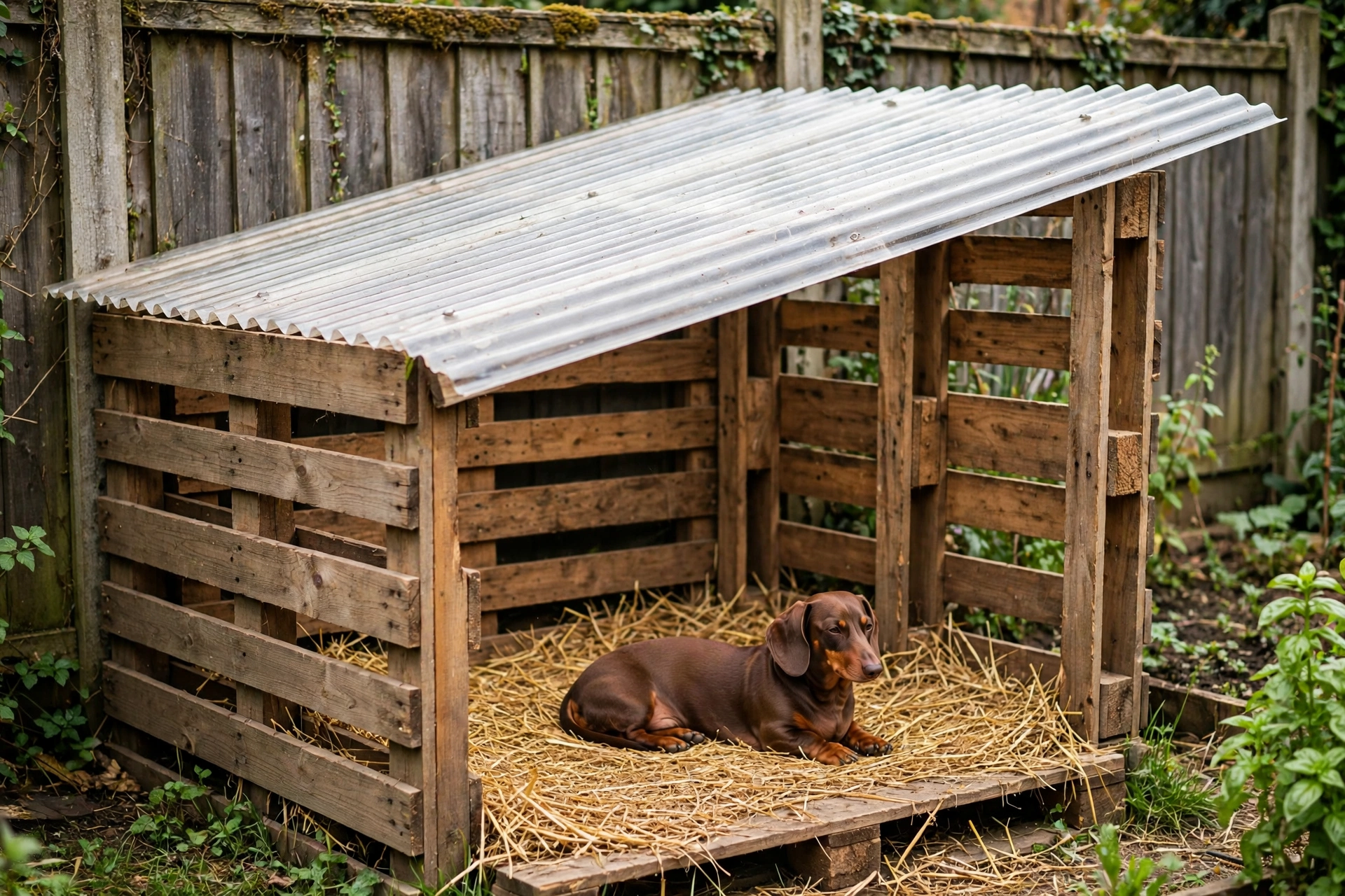 Lean-to dog shelter built from pallets with a slanted roof against a fence