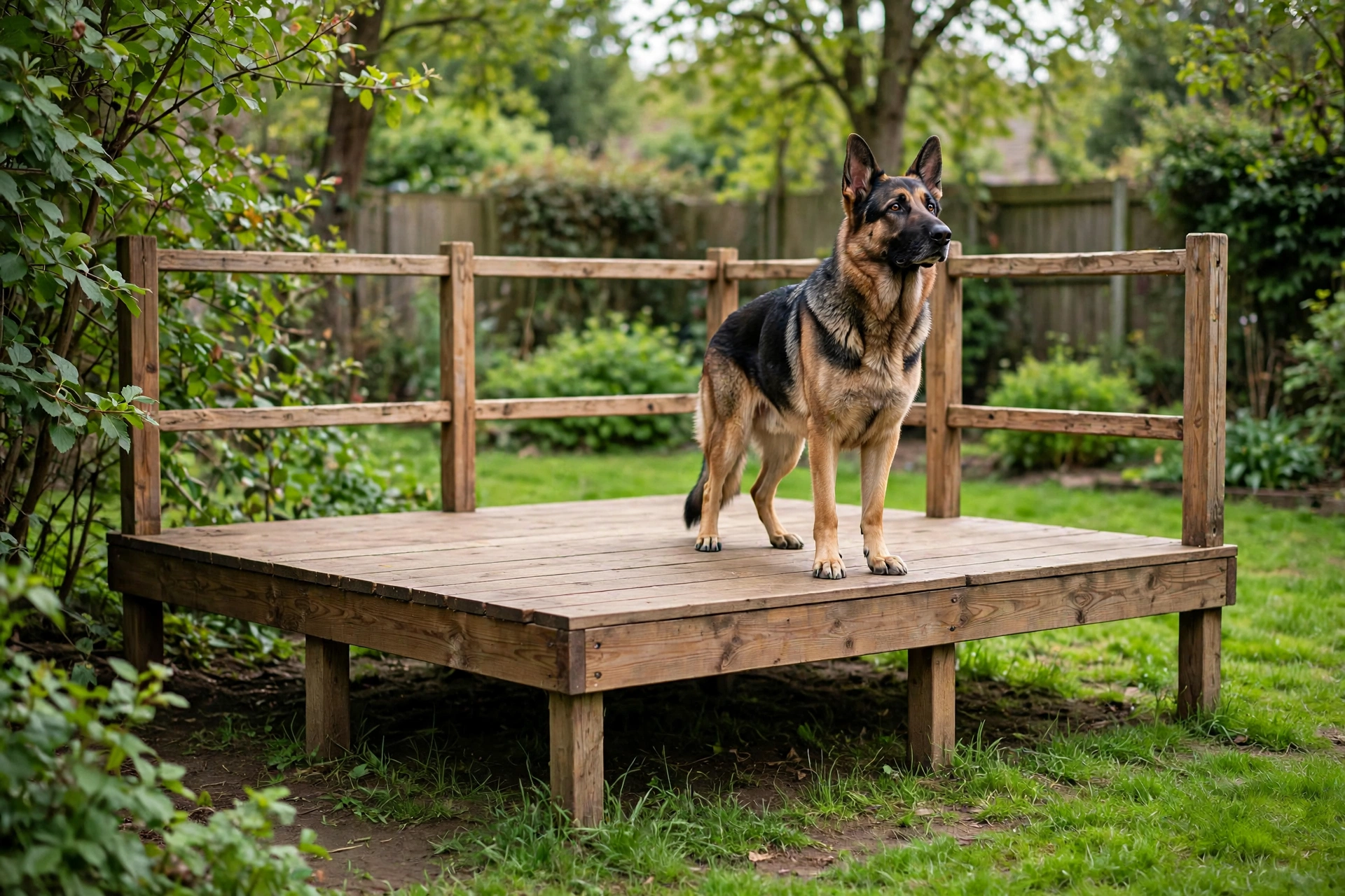 Raised wooden platform dog kennel with post railing in a backyard