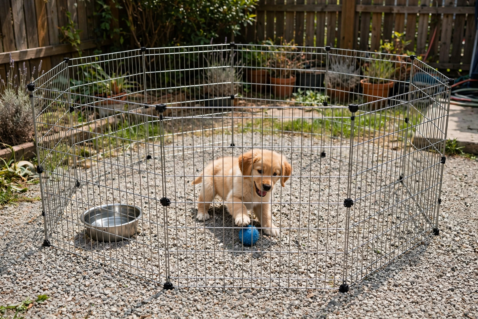 Budget wire-panel dog exercise pen with gravel floor in a sunny backyard