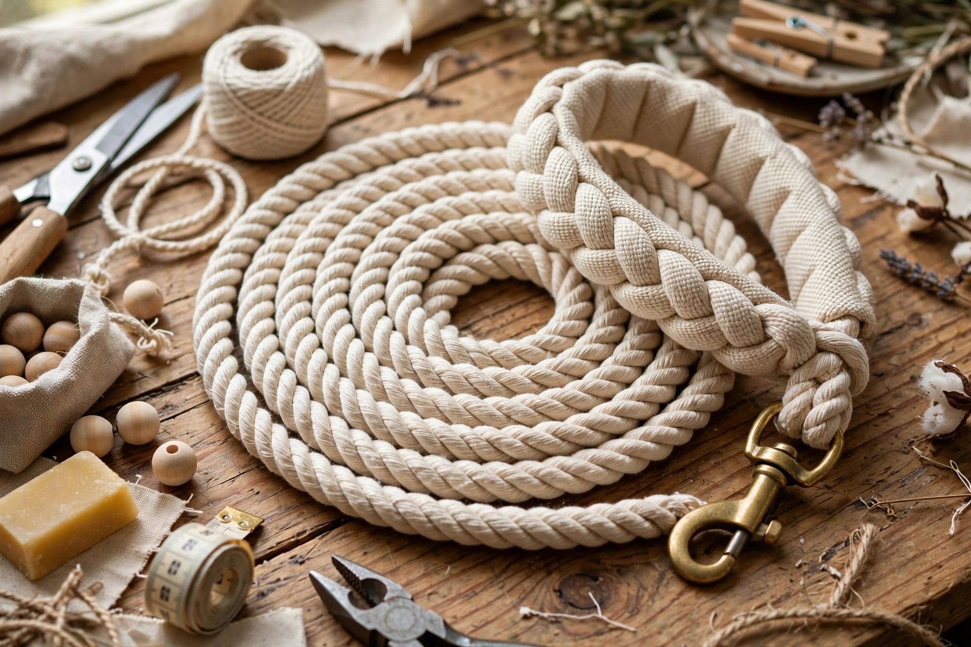 Handmade twisted cotton rope dog leash with padded woven handle