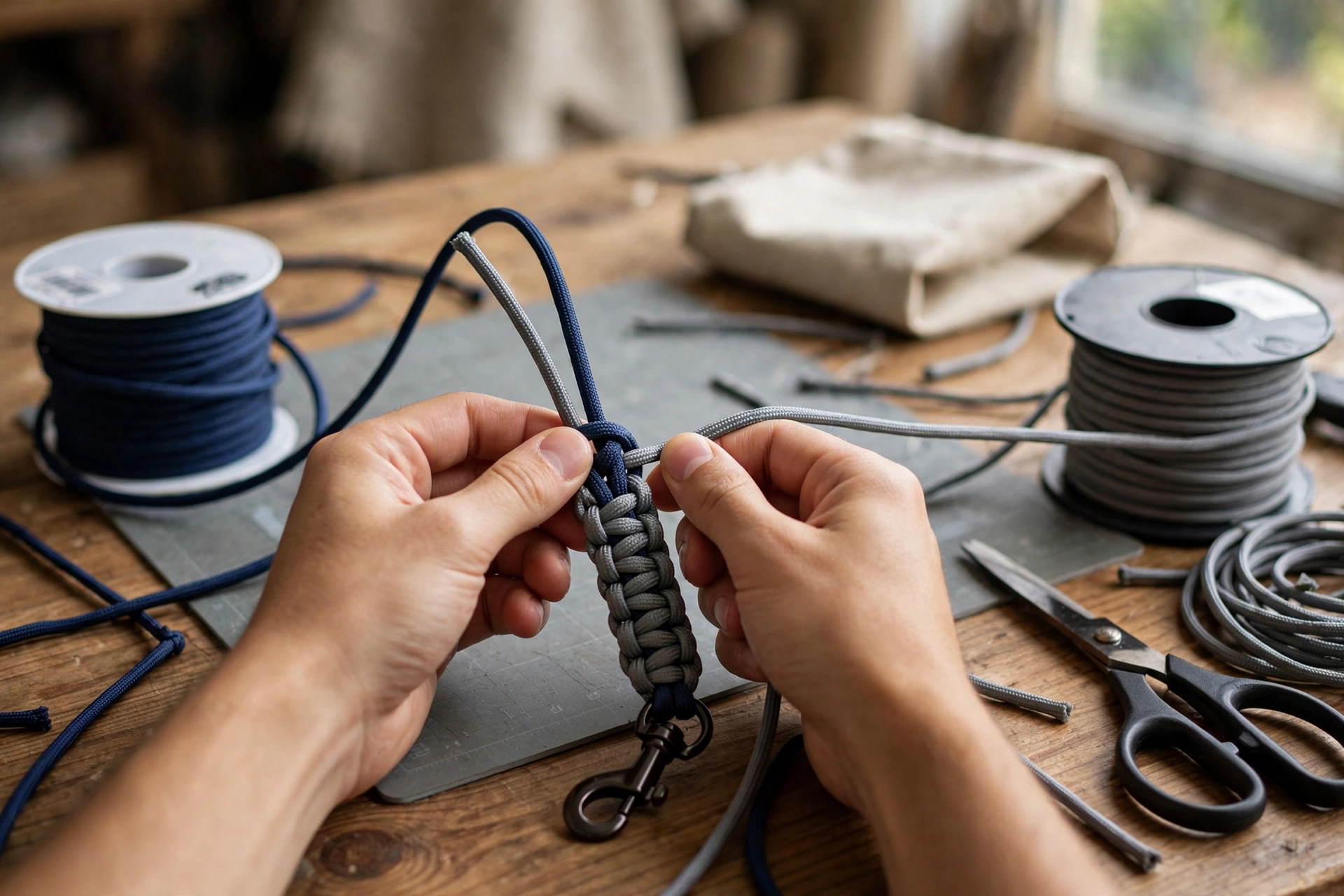 Hand weaving a cobra stitch paracord dog leash