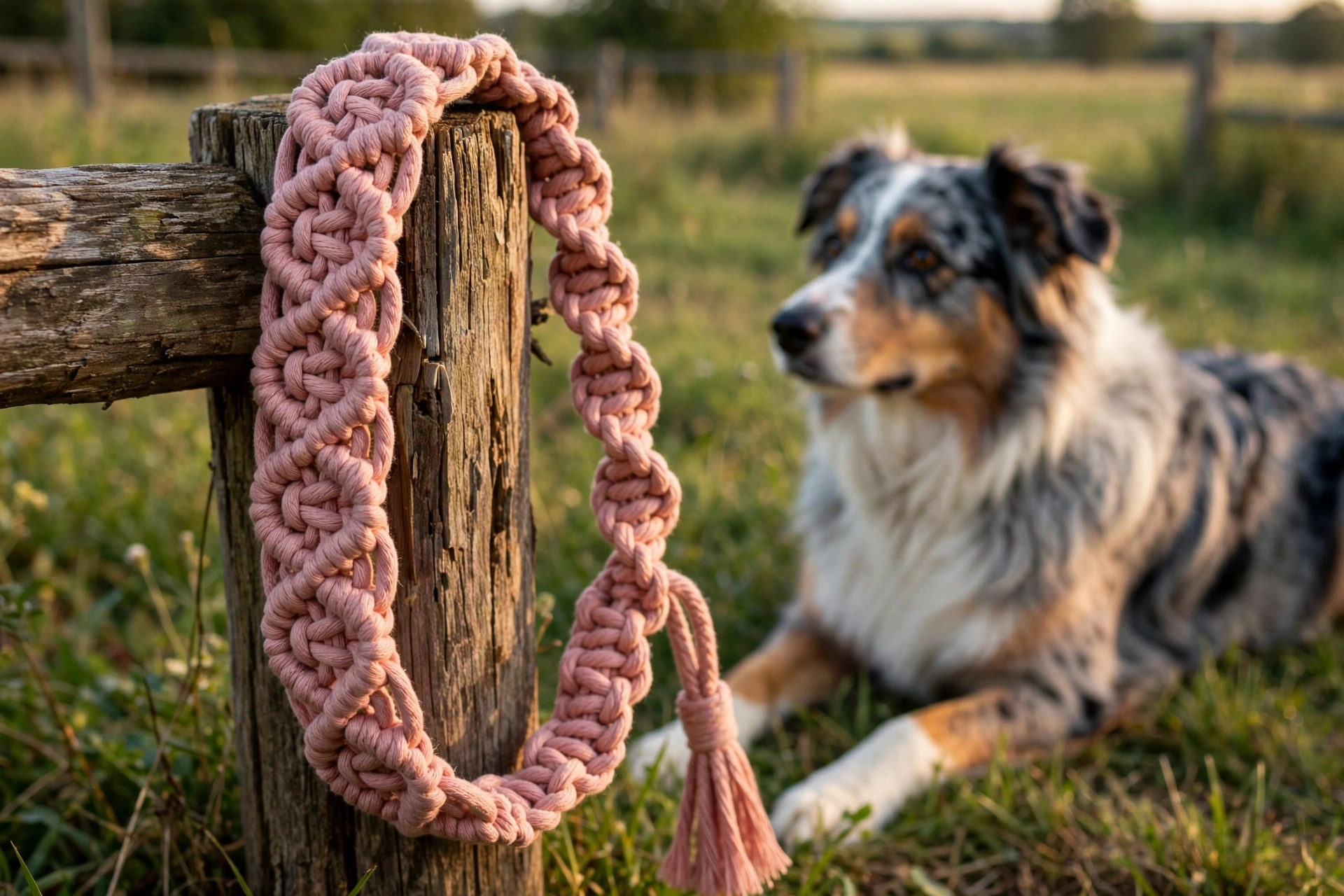 Handmade macrame cotton slip lead dog leash in dusty rose