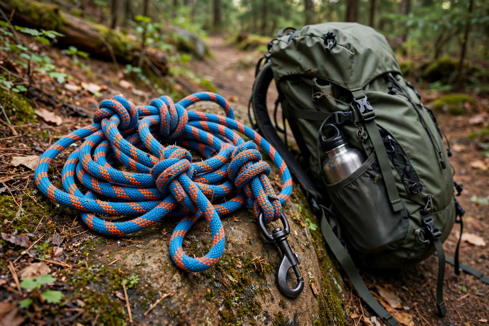 Handmade climbing rope dog leash on a hiking trail