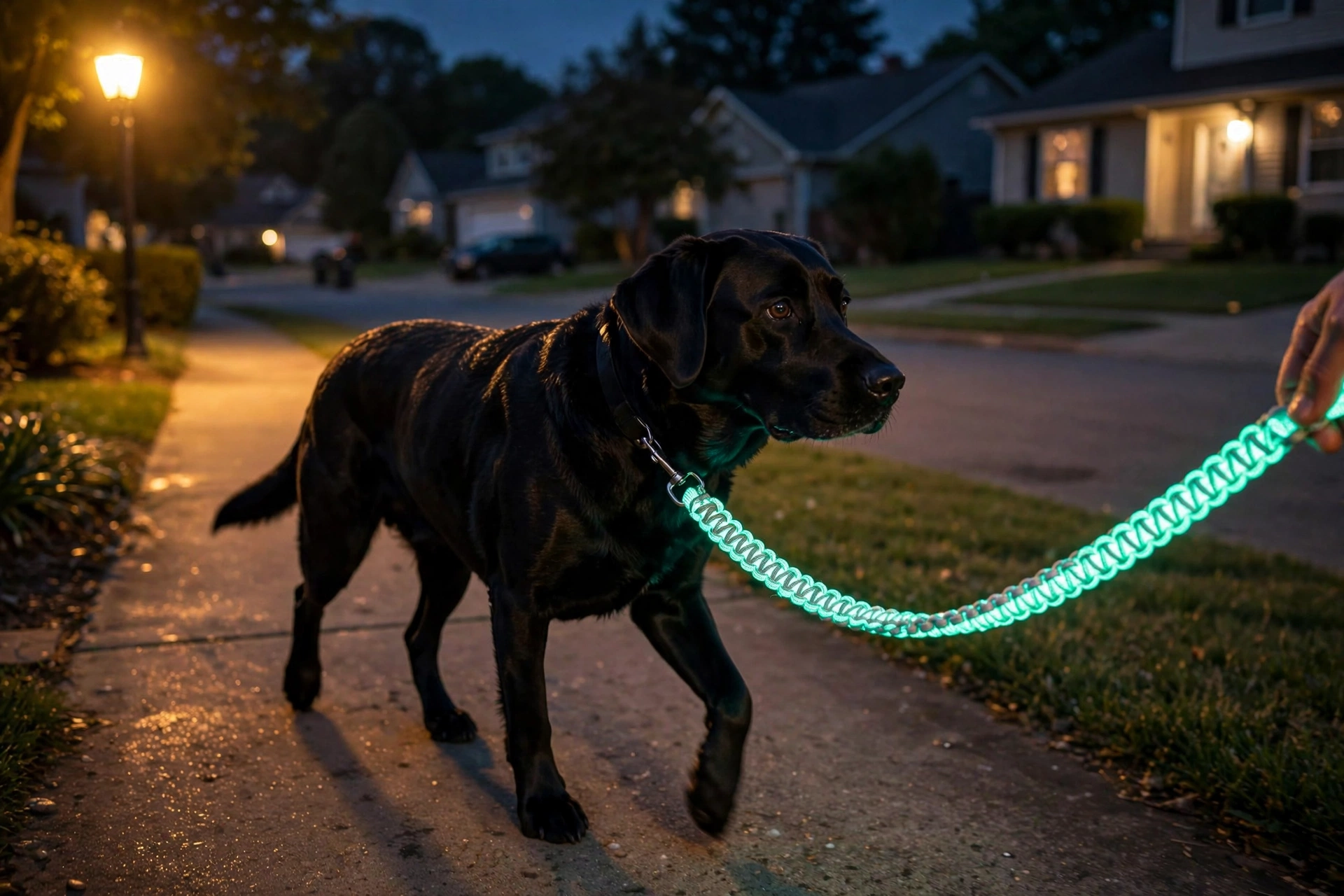 Reflective dog leash glowing on a night walk
