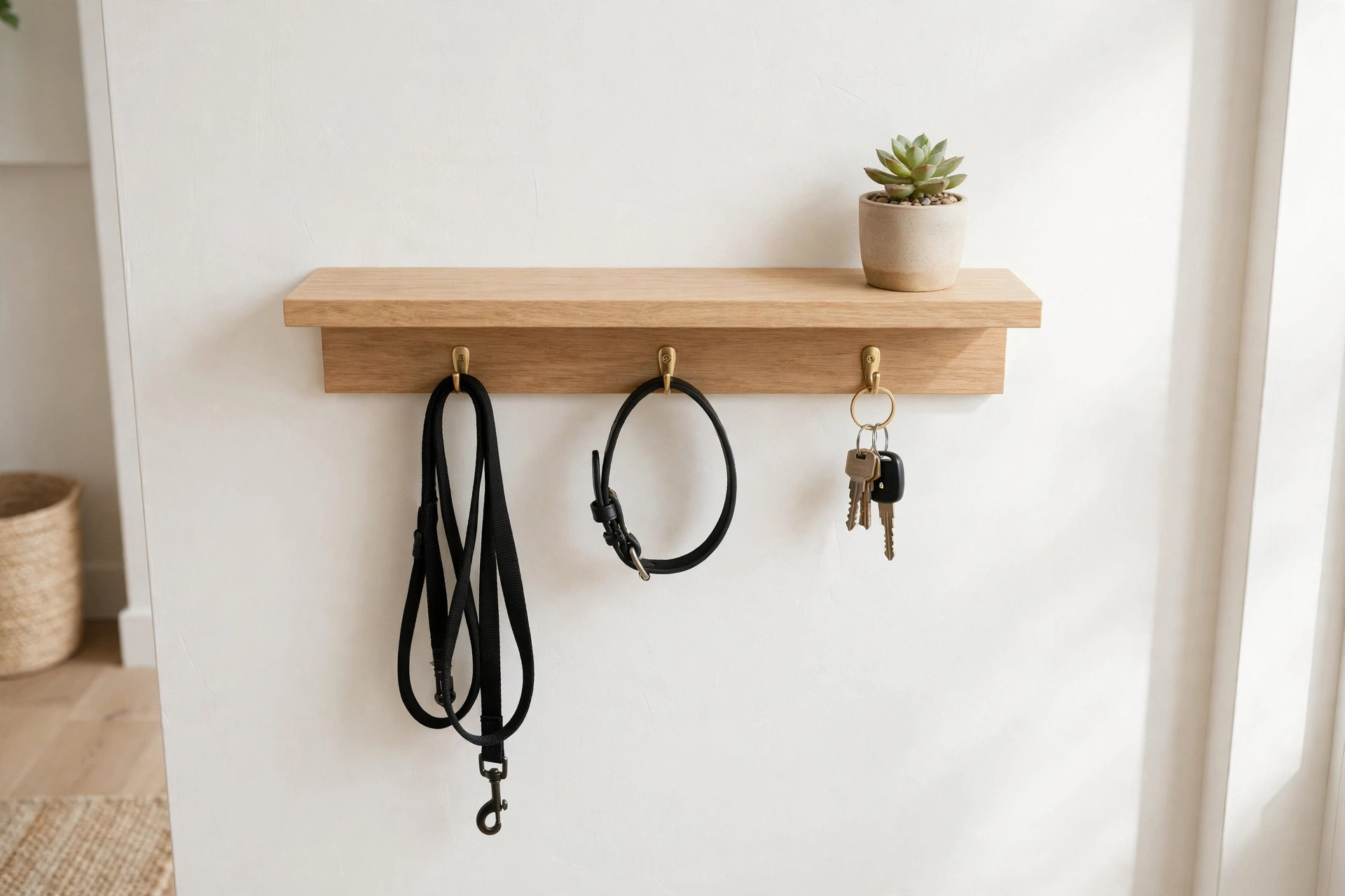 Minimalist floating shelf with hooks for dog leash