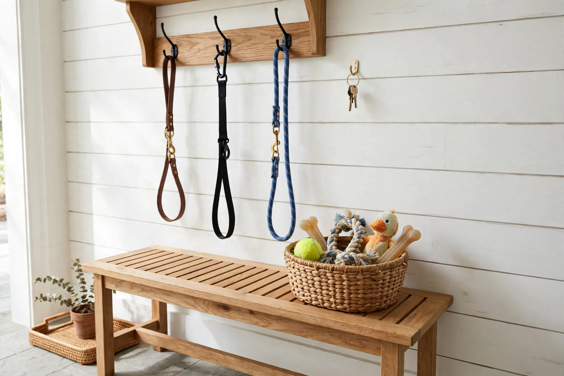 Entryway command center with leash hooks and basket