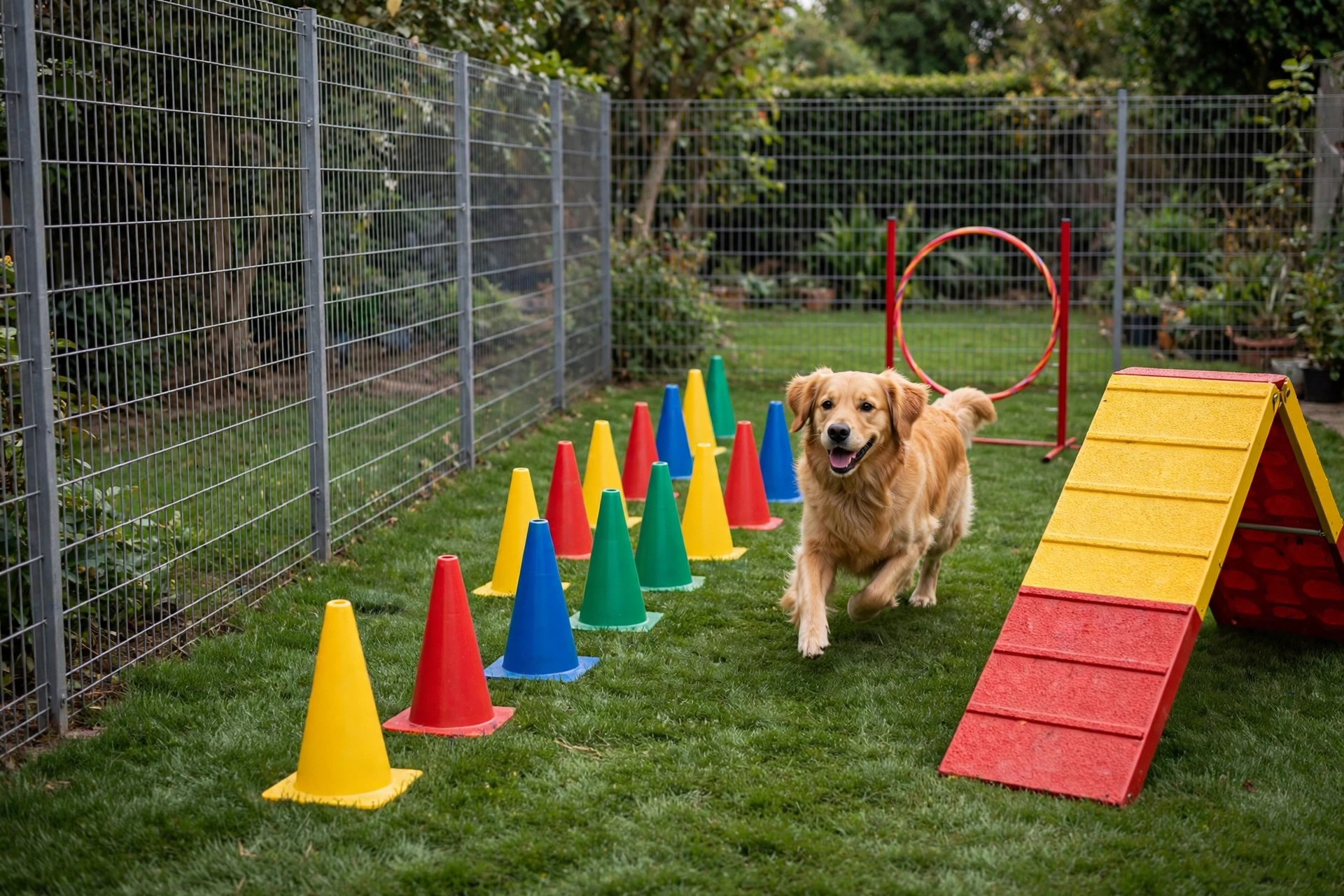 Dog agility playground station with turf, cones, hoop jump, and A-frame