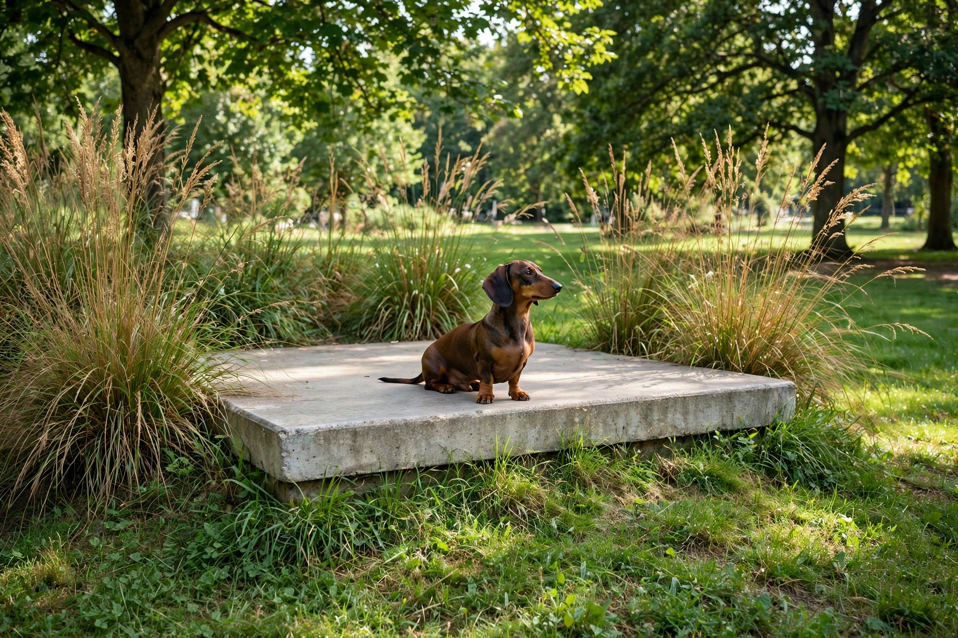Concrete stepping stone lookout perch in a green park