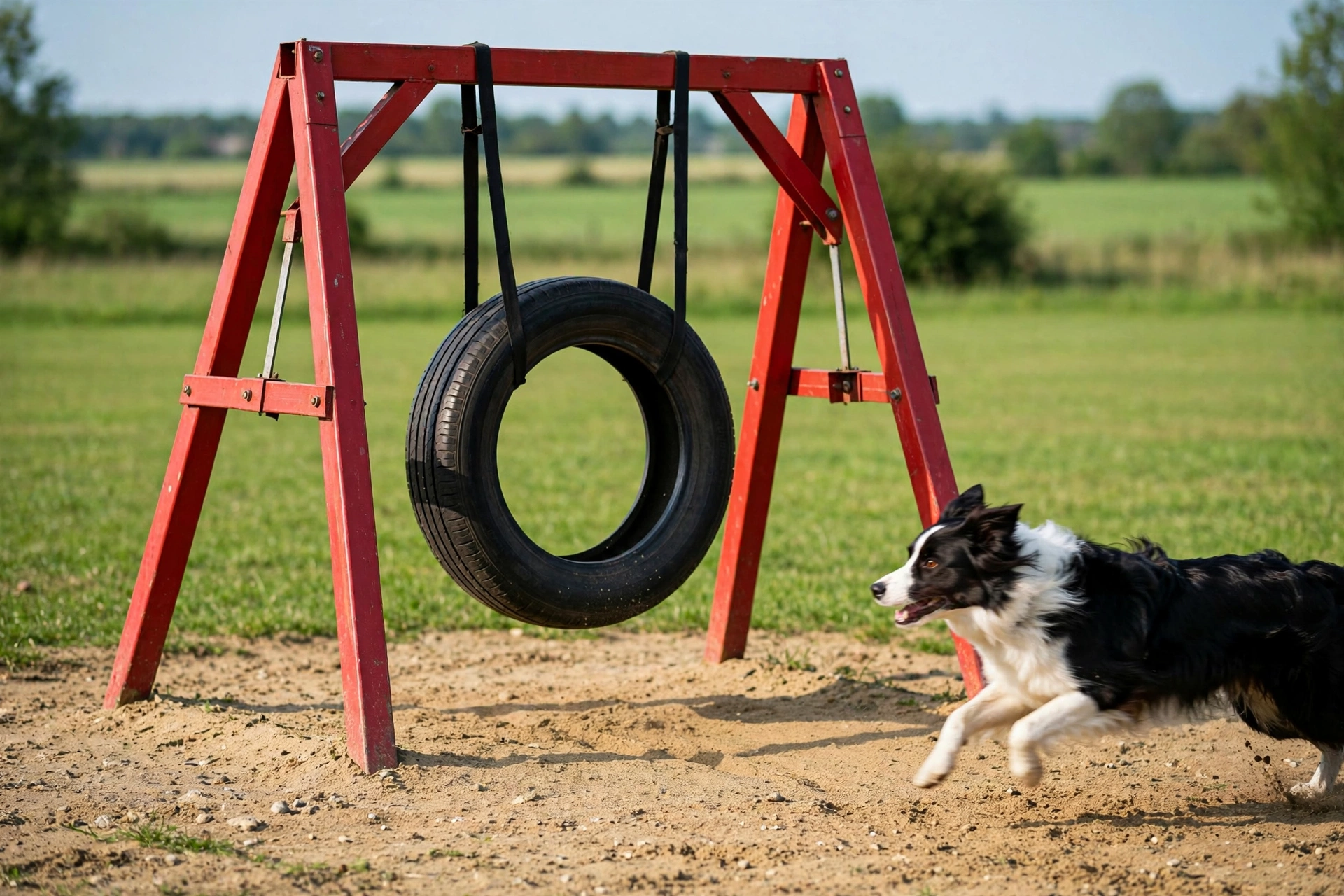 Tire jump agility obstacle on sandy ground