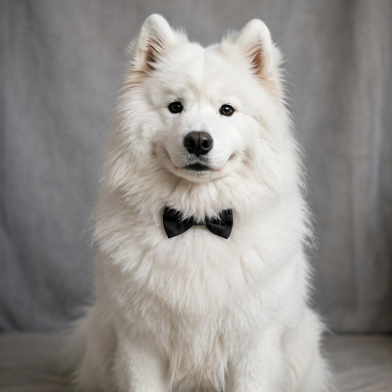 Fluffy white dog wearing a tiny black bow tie in a formal portrait pose