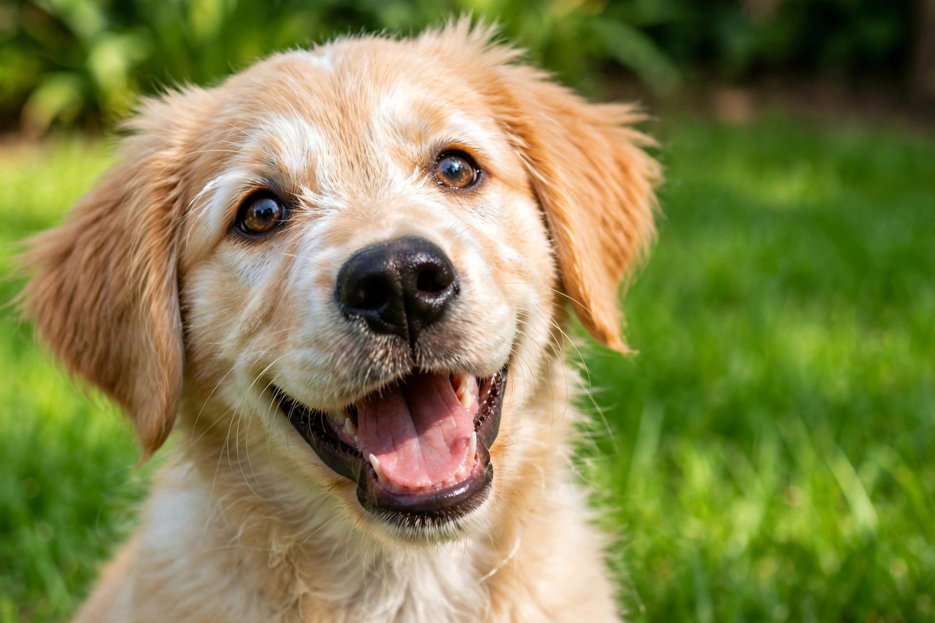 Happy puppy face close-up with bright eyes in a green yard