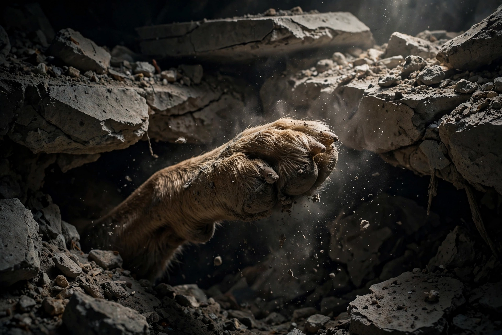 A dog's paw reaching out from beneath piles of earthquake rubble