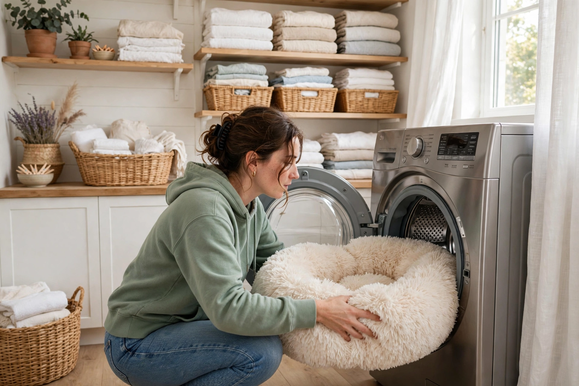 Loading a fluffy dog bed into a washing machine in a bright laundry room