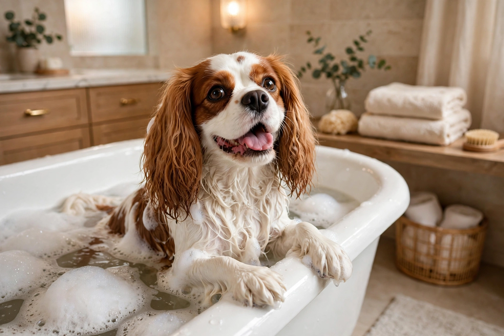 Happy Cavalier King Charles Spaniel being bathed in a tub with gentle lather