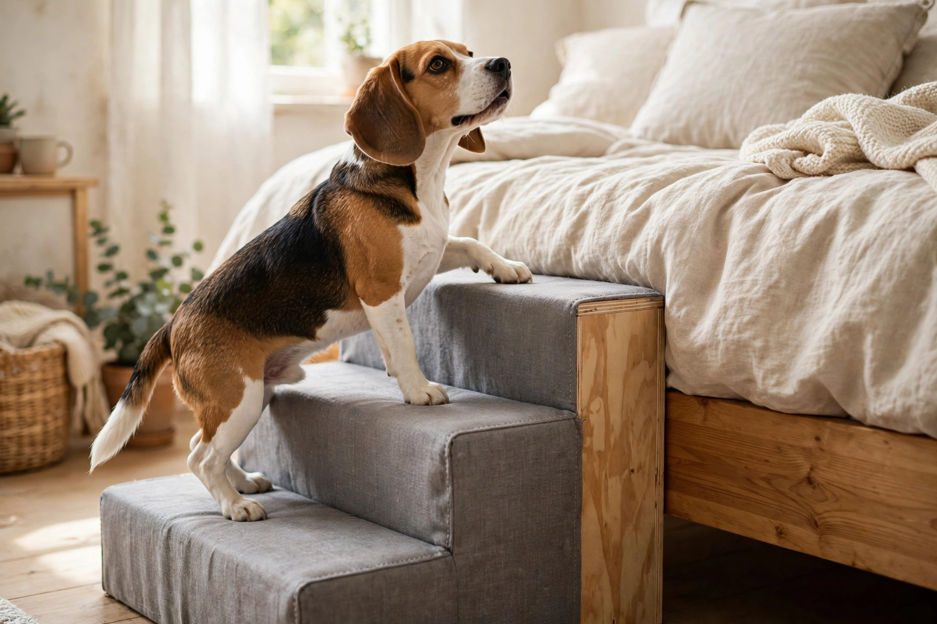 DIY plywood dog steps wrapped in gray upholstery fabric beside a bed with a beagle climbing