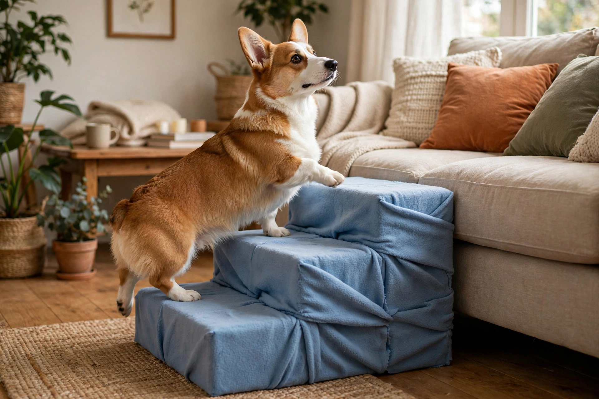 DIY dog steps from foam blocks wrapped in blue fleece fabric next to a sofa
