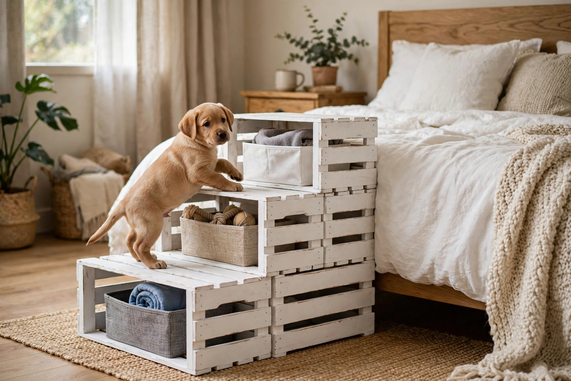 DIY dog steps from stacked wooden storage crates painted white beside a bed