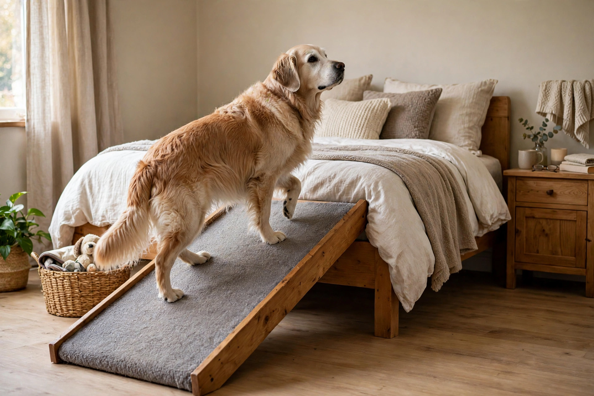 Low wooden incline ramp covered in gray carpet leading up to a bed