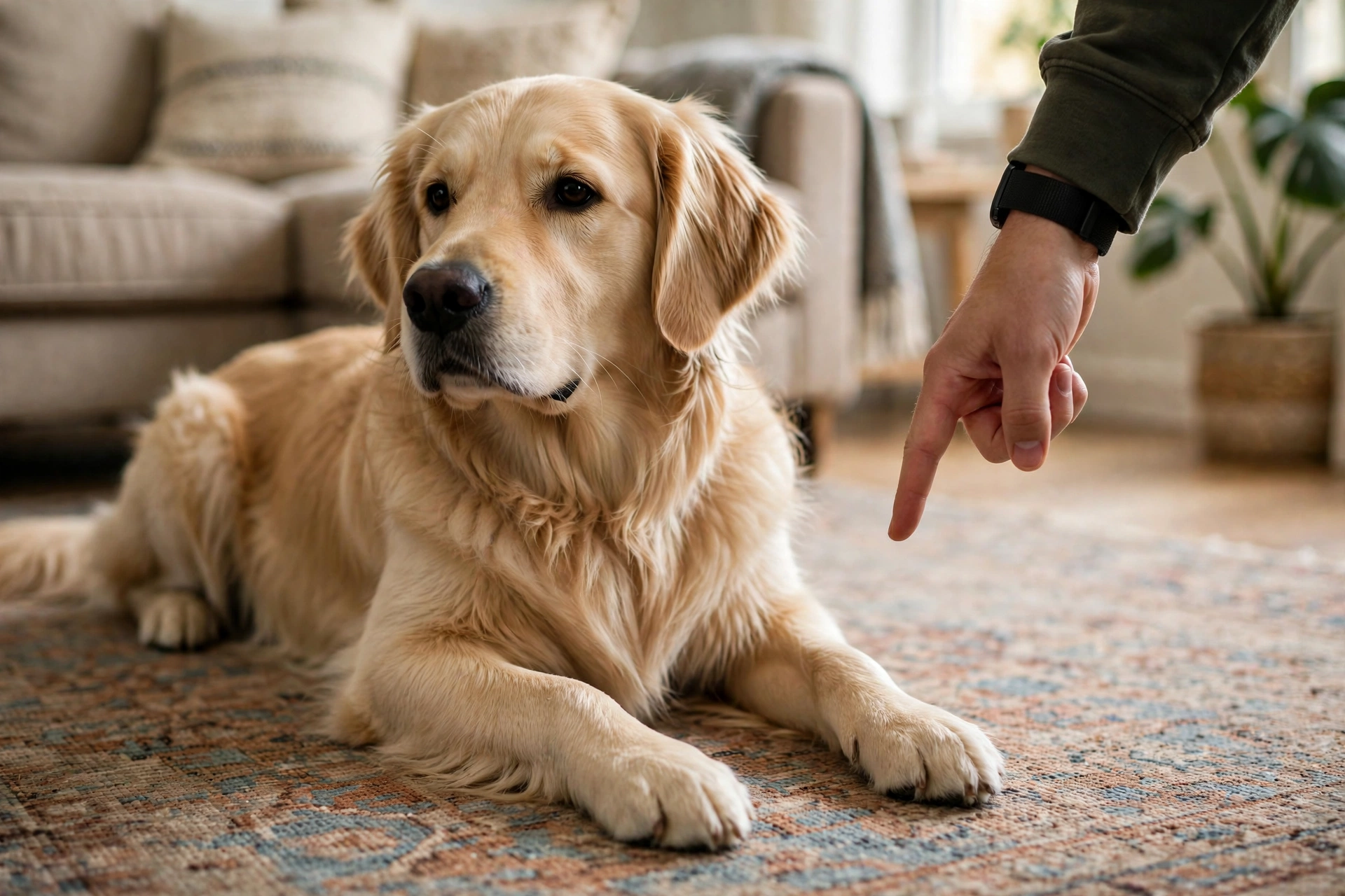 Golden retriever lying in down position while trainer signals downward