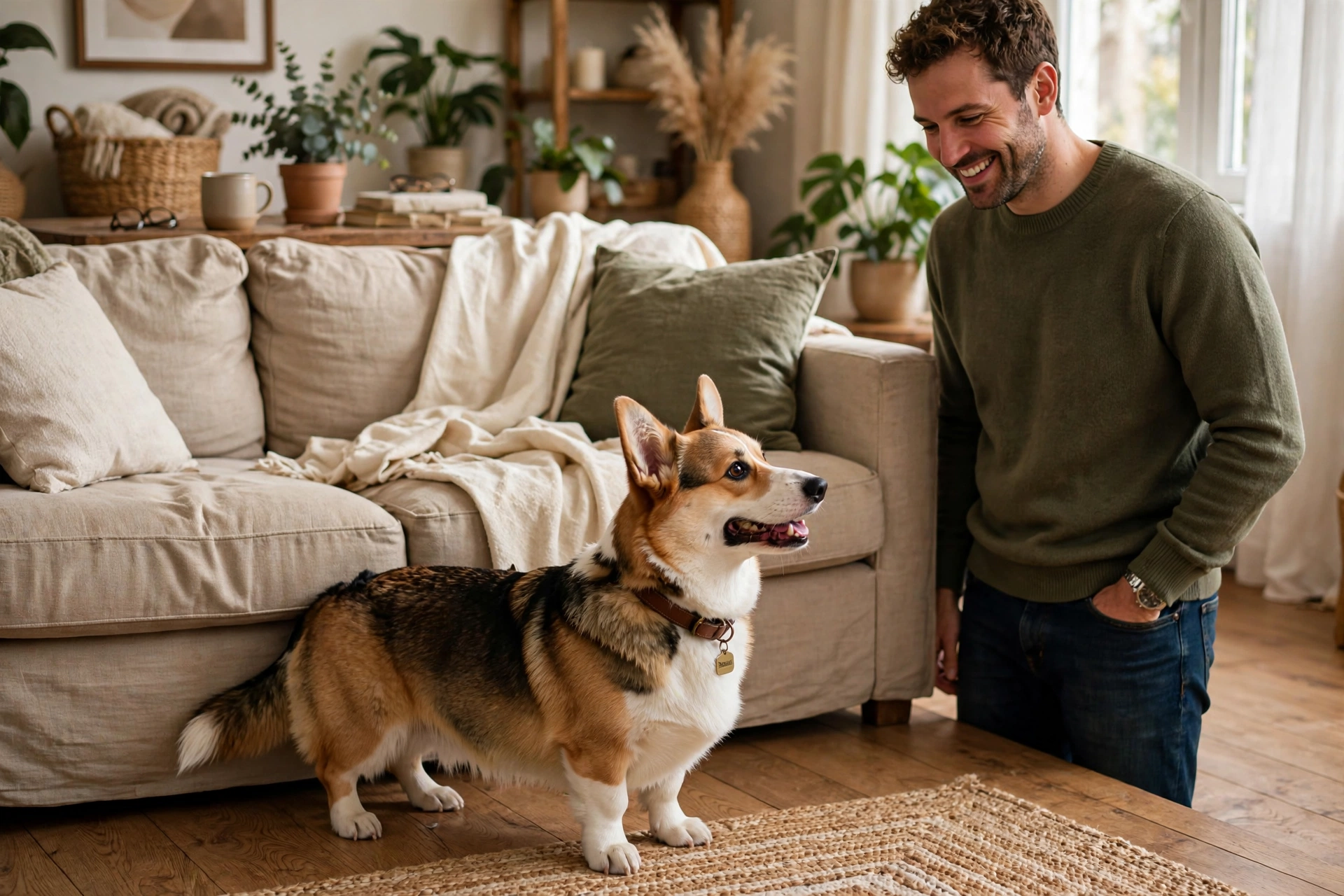 Corgi with all paws on the floor beside a couch after being cued off
