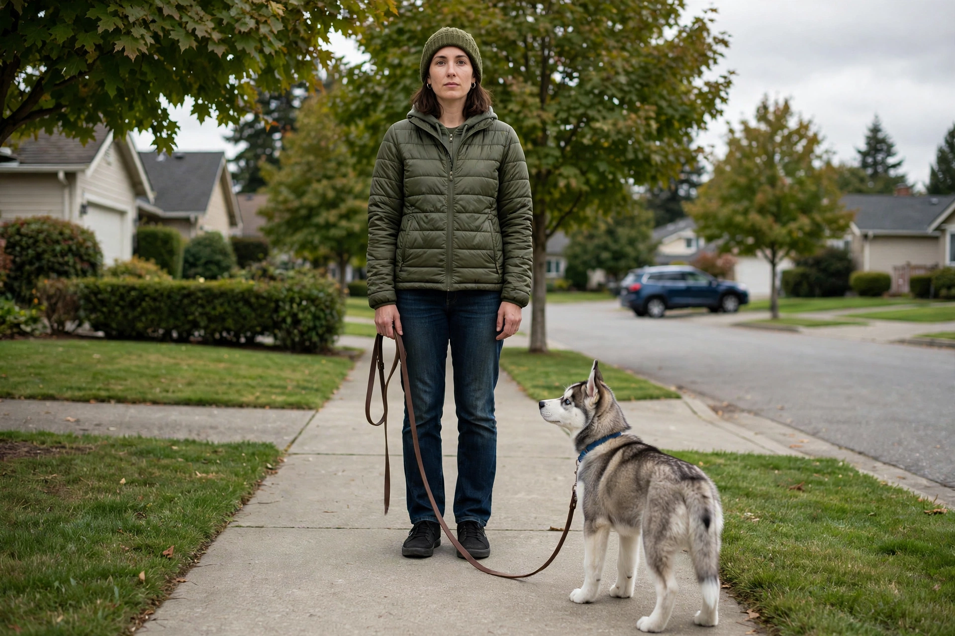 Owner standing still like a statue while a husky learns not to pull on the leash