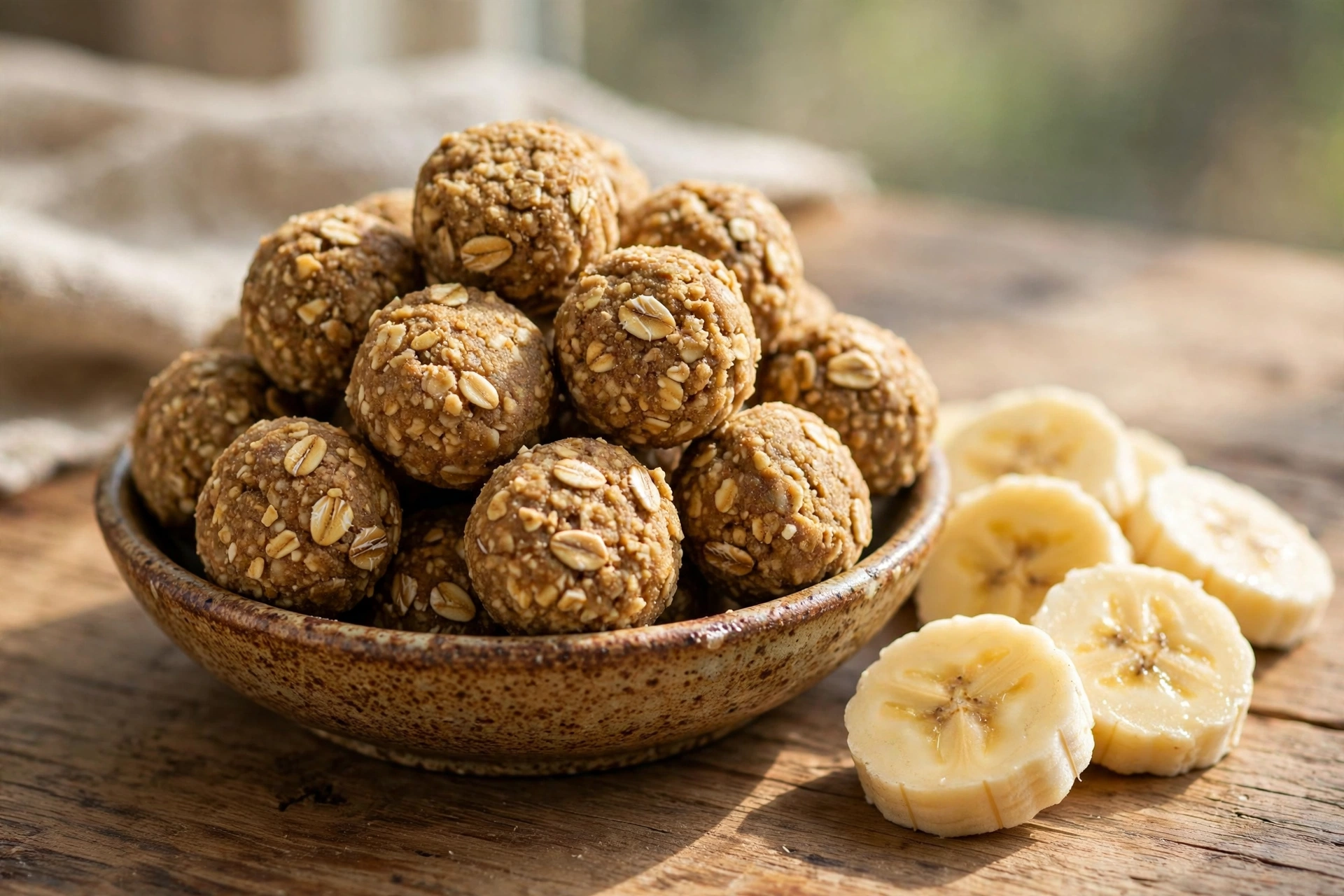 Homemade banana oat dog treat bites in a bowl with banana slices