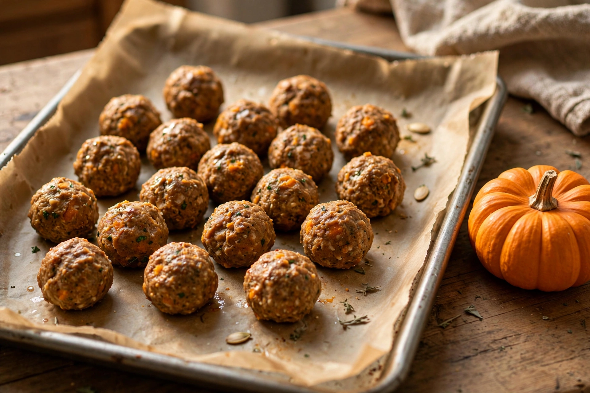 Homemade turkey and pumpkin dog meatballs on parchment paper