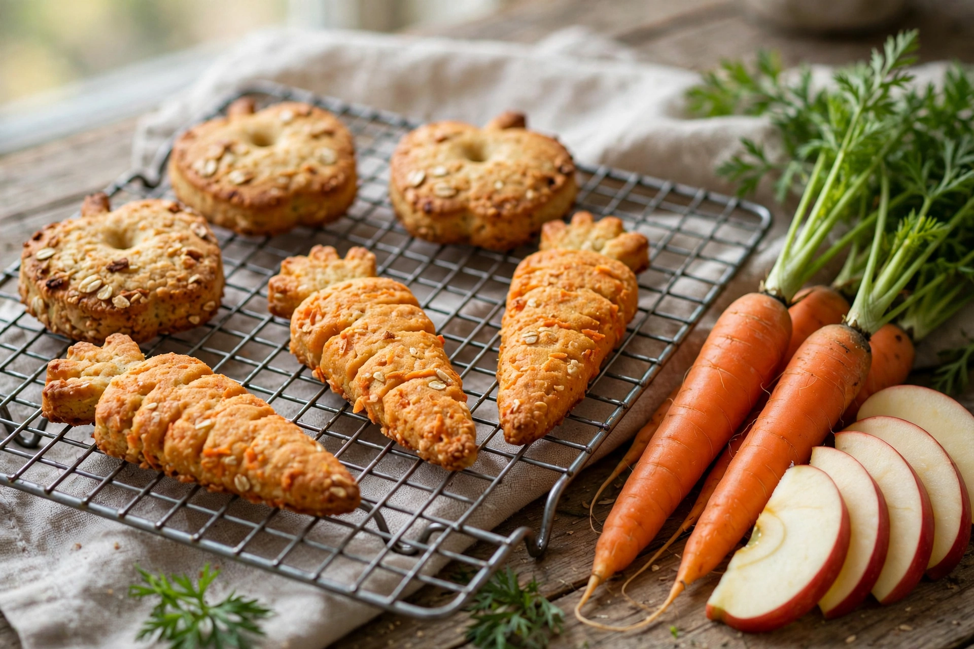 Homemade carrot and apple dog cookies cooling on a wire rack